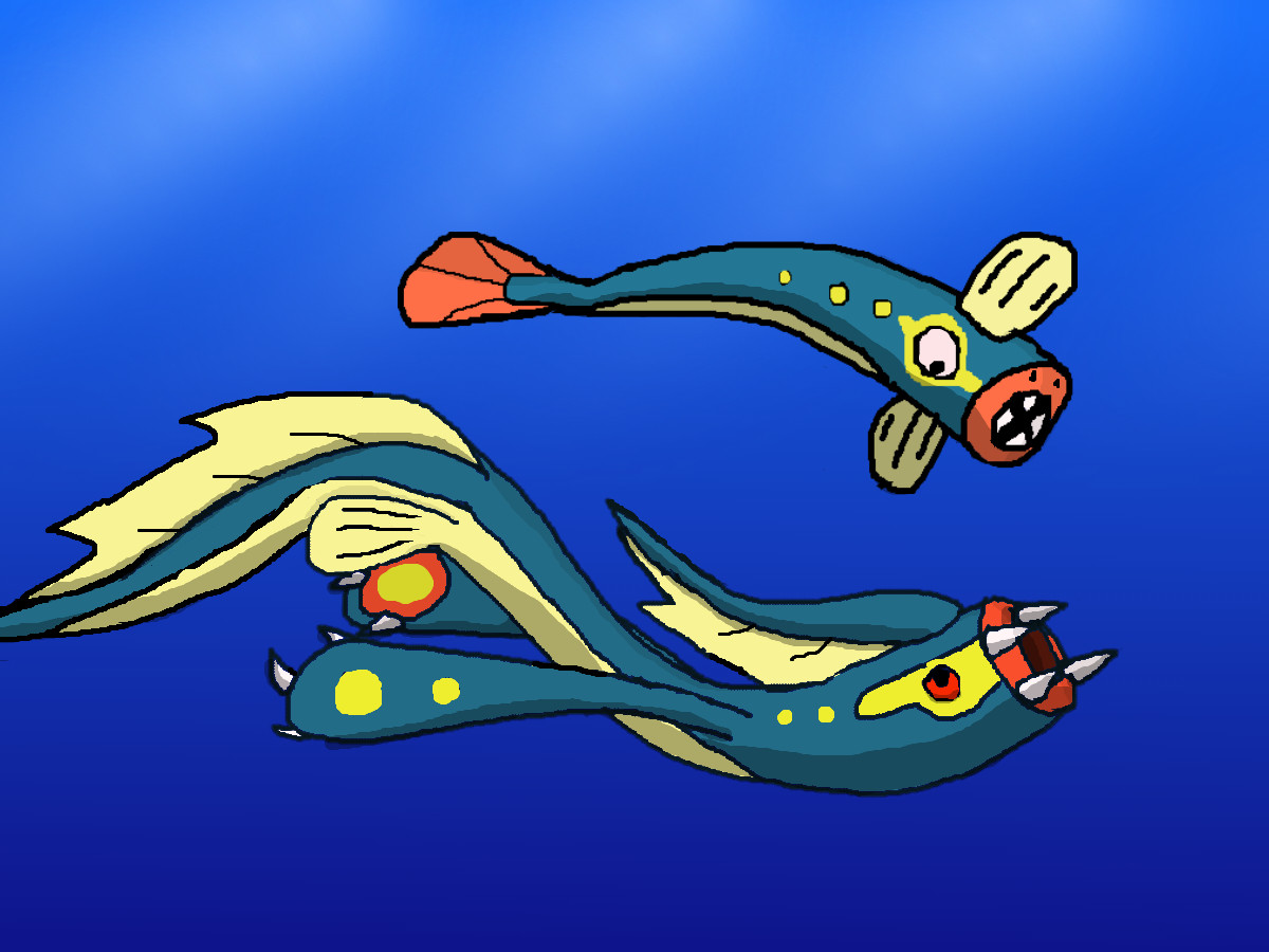 An eelektross and eelektrik swimming alongside each other under the sea.