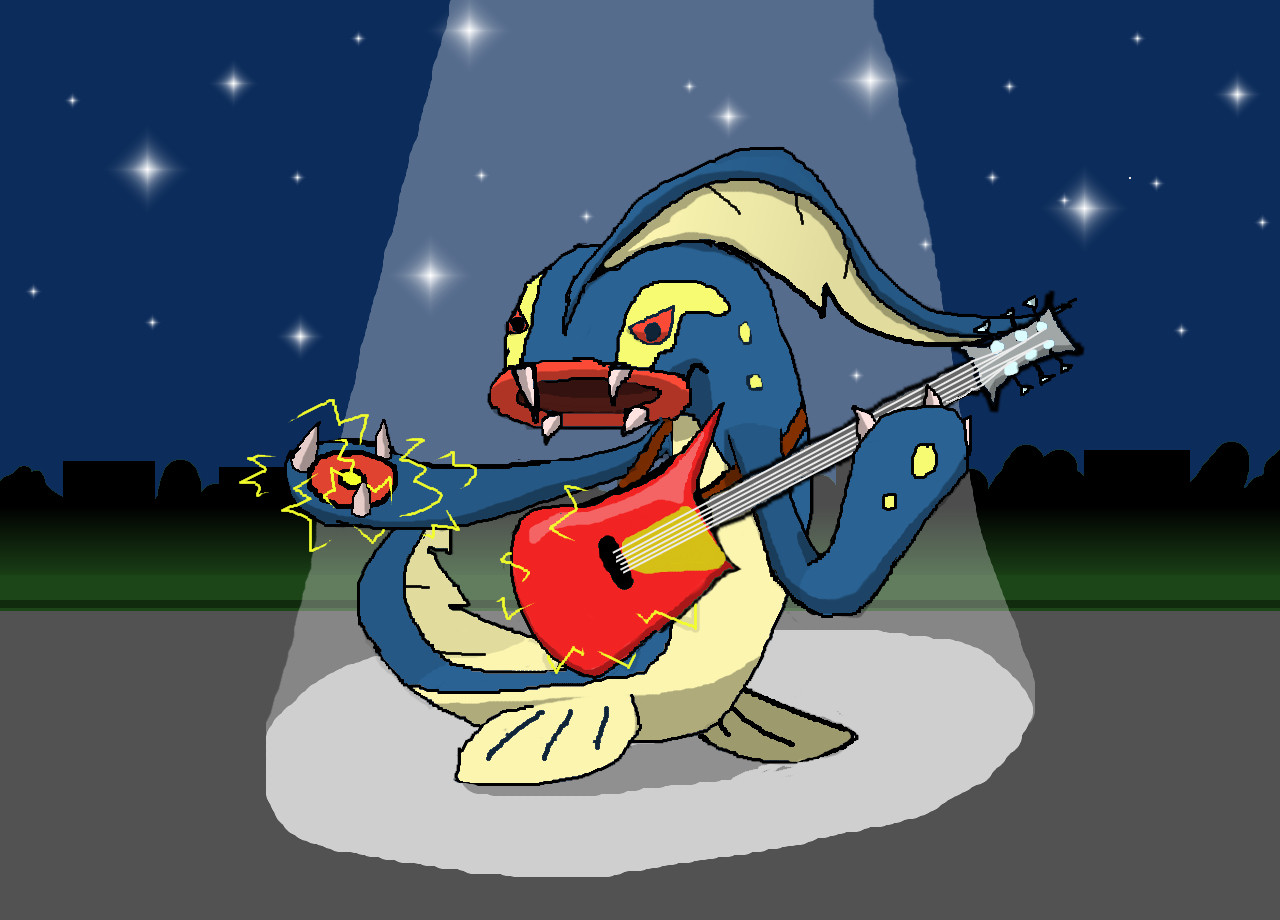 An eelektross on a grey stage, holding an electric guitar under a spotlight. Sparks emit from its right hand and guitar. Stars shine ina dark night sky in the background.