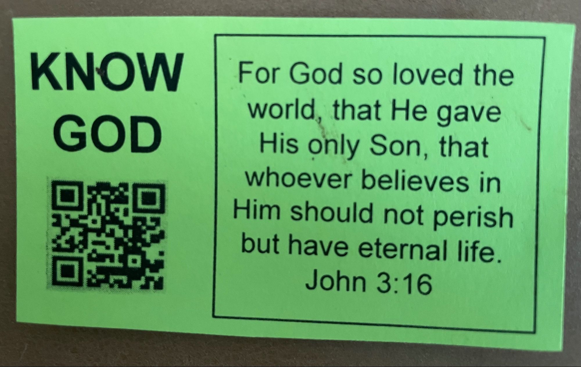 Green business card with the biblical scripture John 3:16