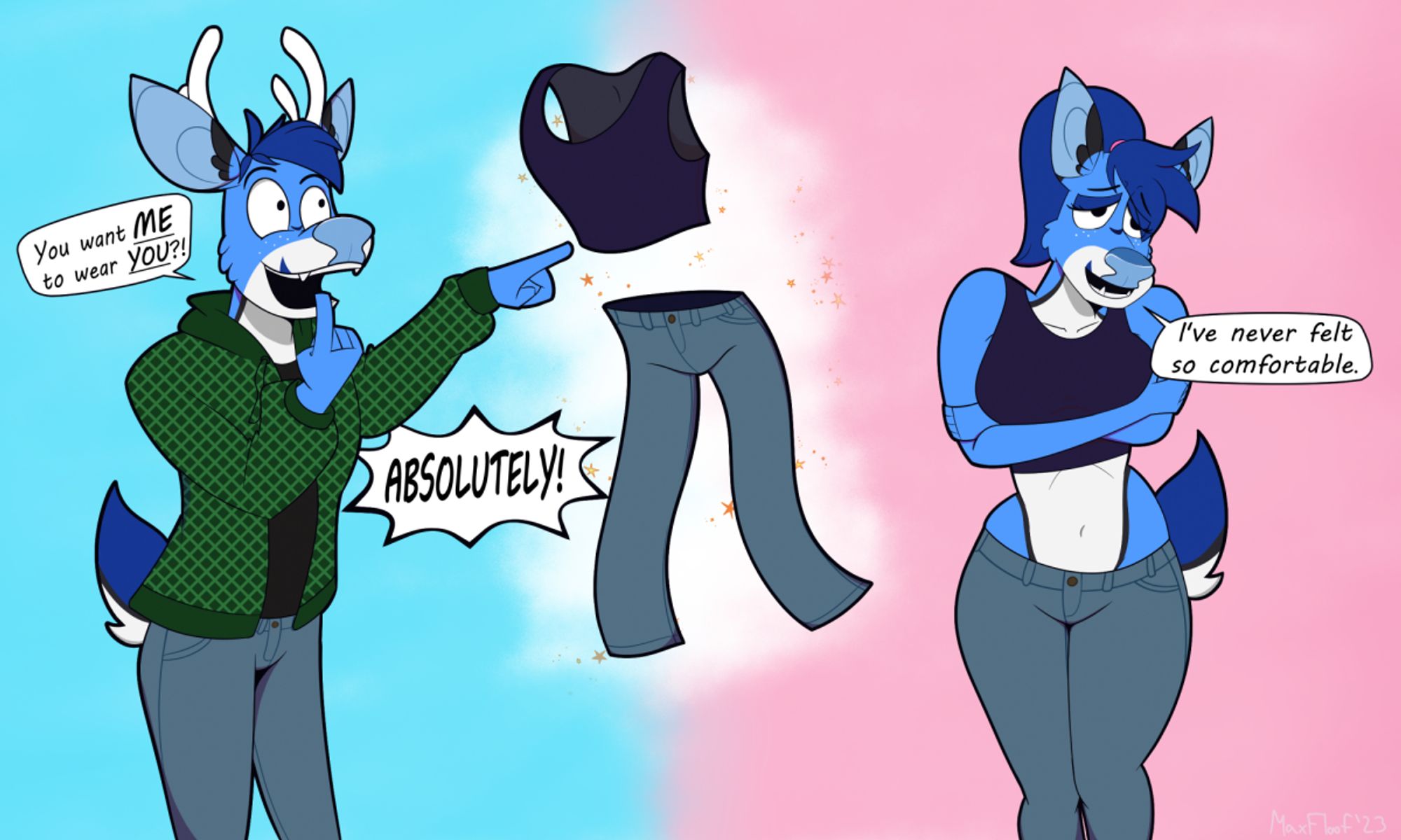 A blue deer in a green coat, blue jeans, and black shirt is approached by a pair of floating women's clothes, silently proposing he wear them. In the next panel, the deer has become a female and is closely holding themselves happily.