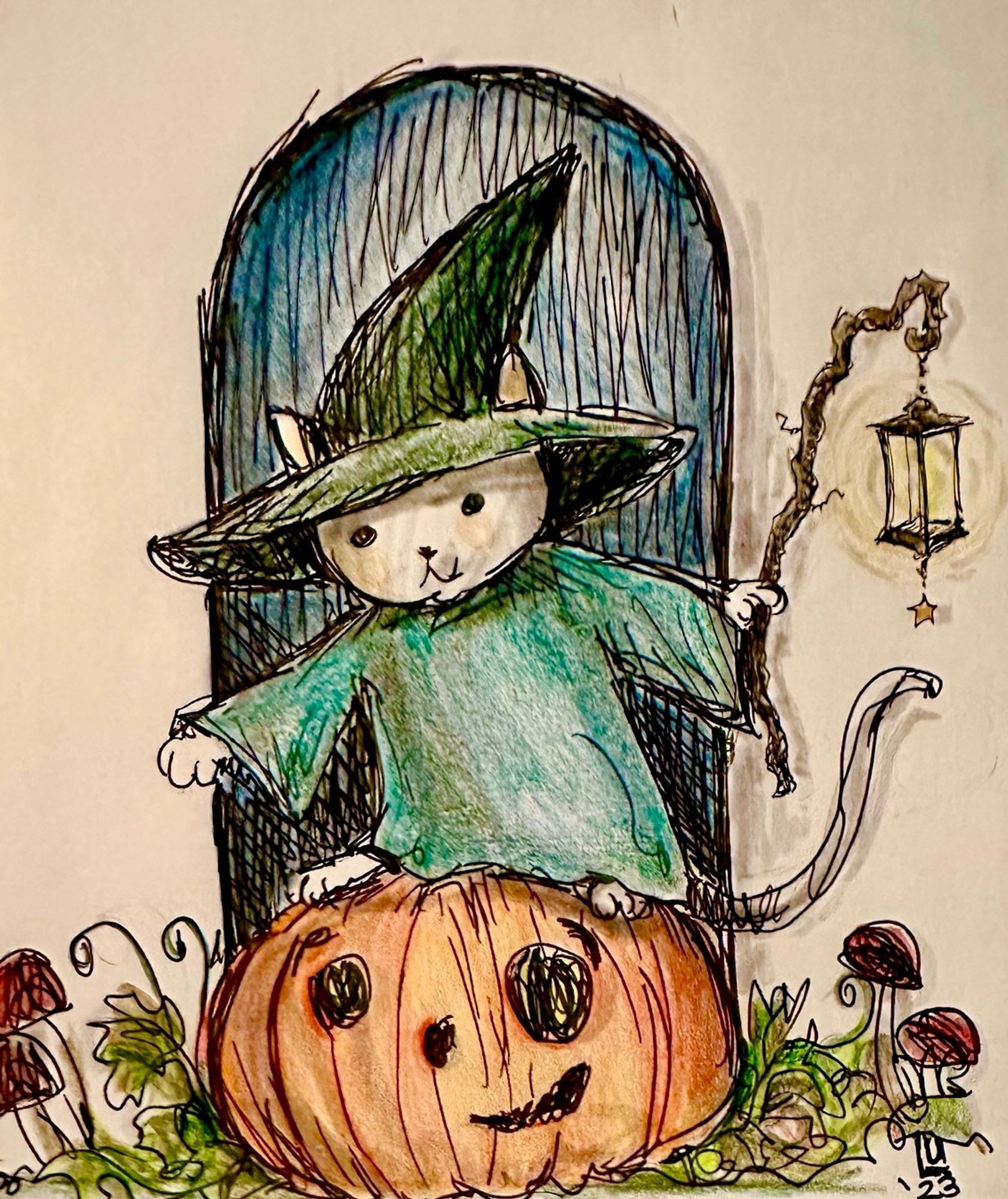 My drawing of Kitty Wizard standing on a pumpkin and holding a lantern on a stick.