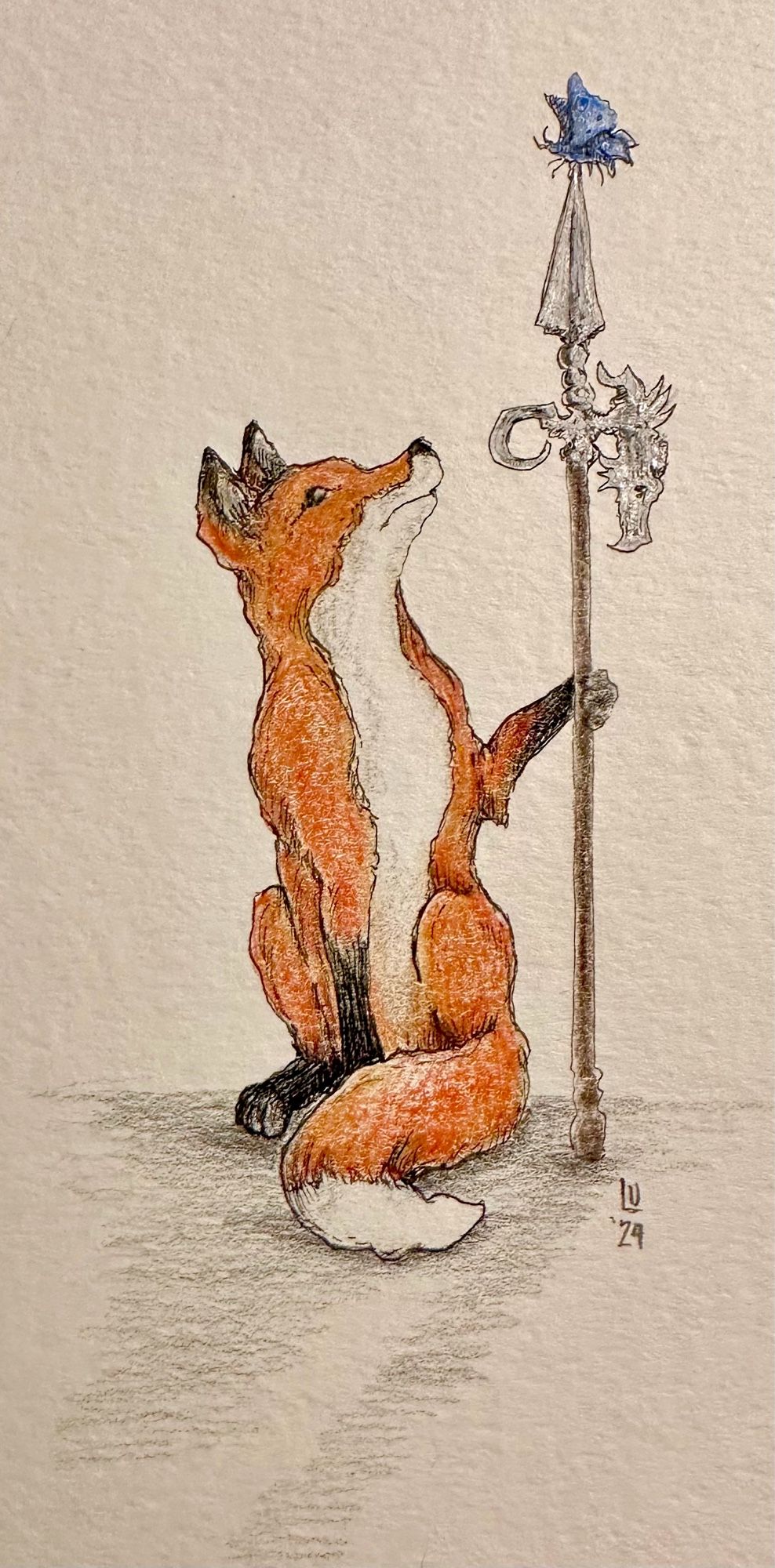 A red fox holding a polearm with a blue butterfly atop it.