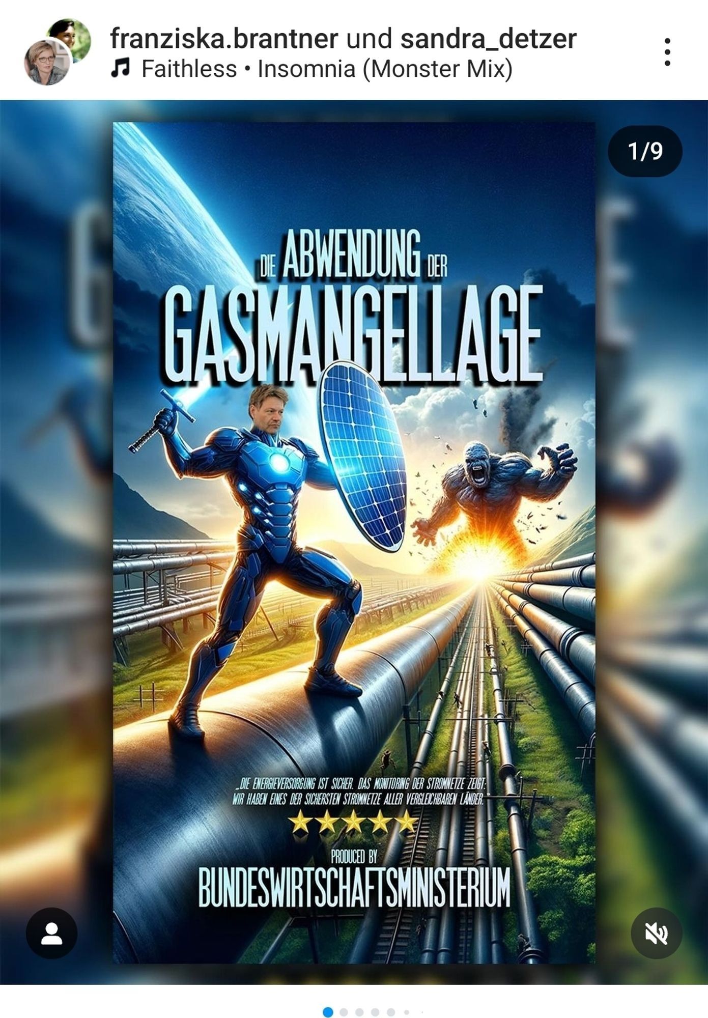 Post von Franziska Brantner: Ein offensichtlich KI-generiertes Filmplakat eines Superheldenfilms mit dem Titel "Die Abwendung der Gasmangellage". Im Vordergrund ist Robert Habeck auf einer Pipeline stehend zu sehen, er trägt einen blauen Ironman-Anzug einen aus Solarzellen bestehenden Schild und ein Schwert mit hellblau leuchtender Klinge