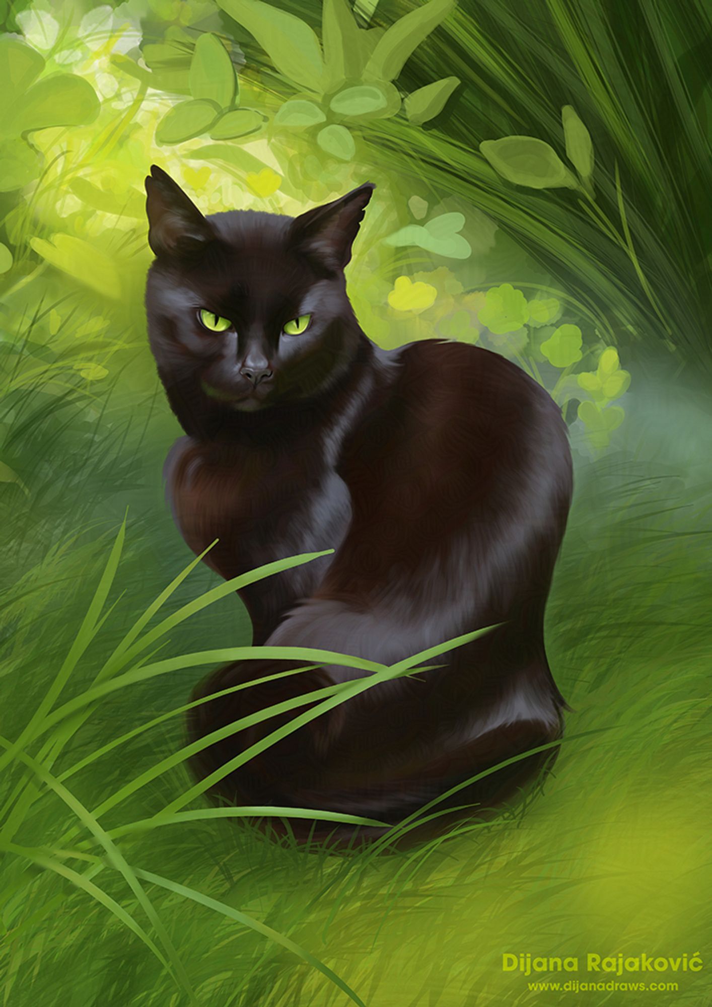 Digital painting of a black cat surrounded by greenery.