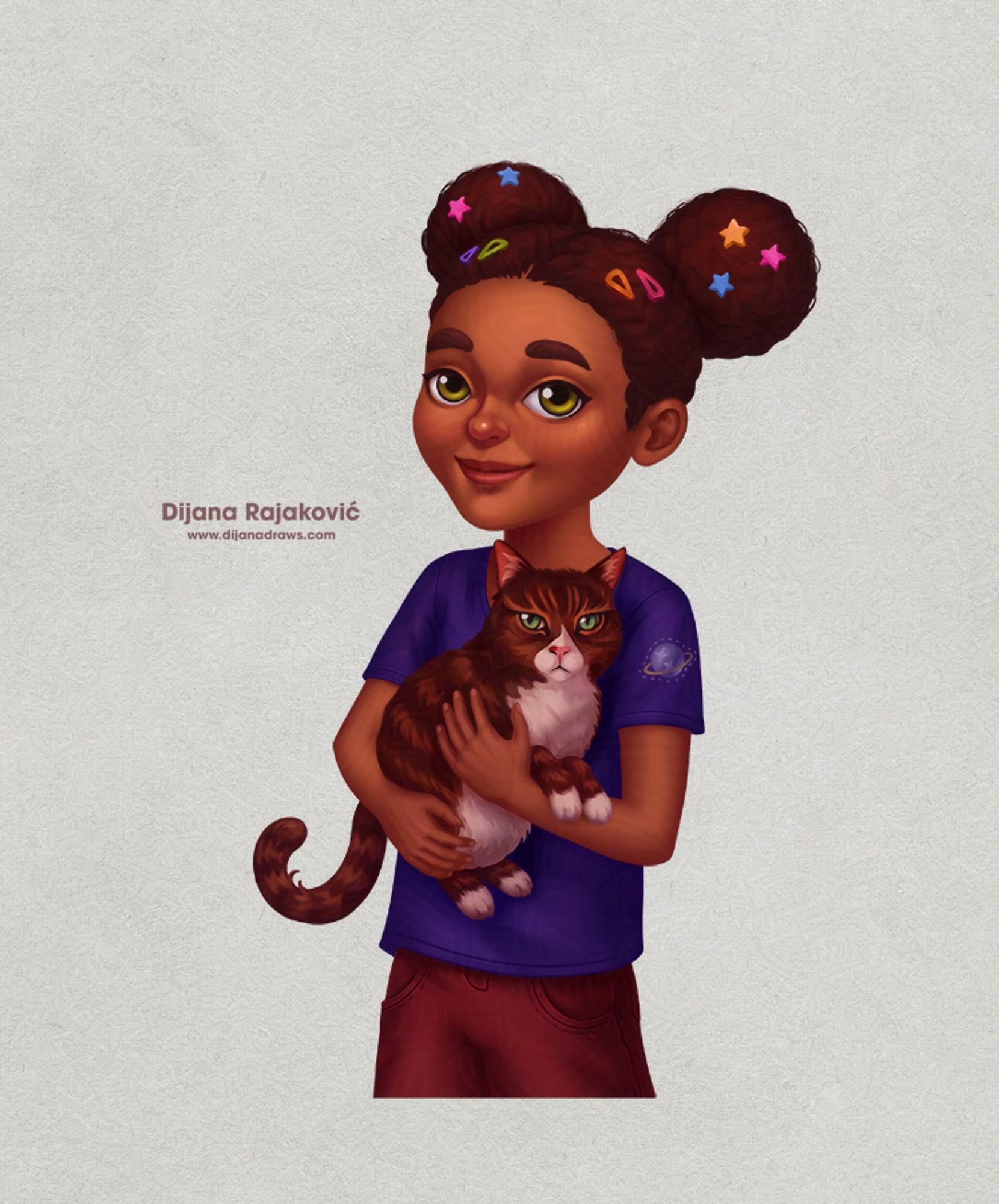 The image depicts a young black girl holding a cat, illustrated in a mobile game style. The girl has “space buns” (hairstyle) with star themed pins, and has a planet graphic on her dark blue t-shirt. The cat has a very grumpy expression, bright green eyes, and a fluffy white tummy and paws. (The cat is based on my cat, Azriel).