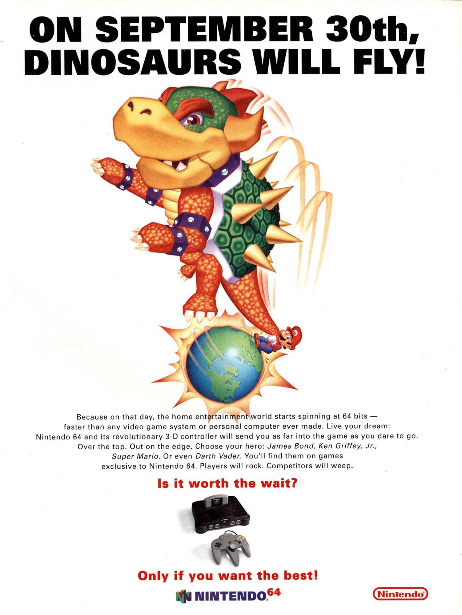 Mario throwing bowser on N64 ad saying “On September 30th, Dinosaurs will fly!”