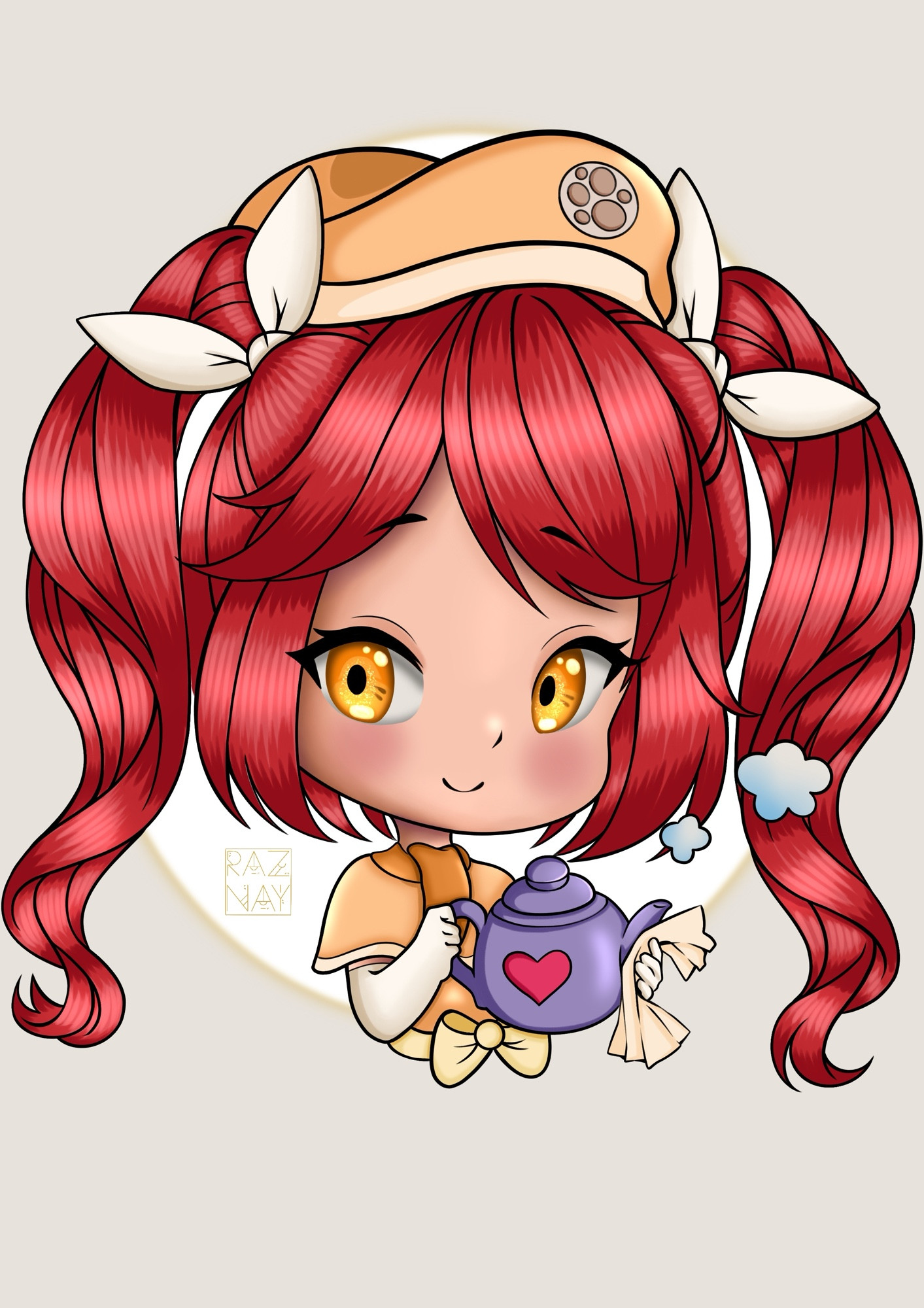 Cute red haired chibi girl holding a tea pot and smiling 