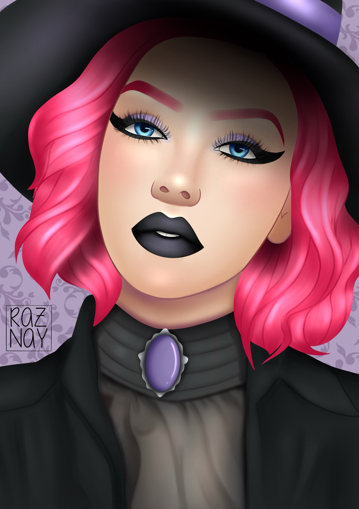 A witchy woman with pink hair and blue eyes staring at the screen. She wears a black jacket, a black chiffon blouse and a purple brooch at her neck