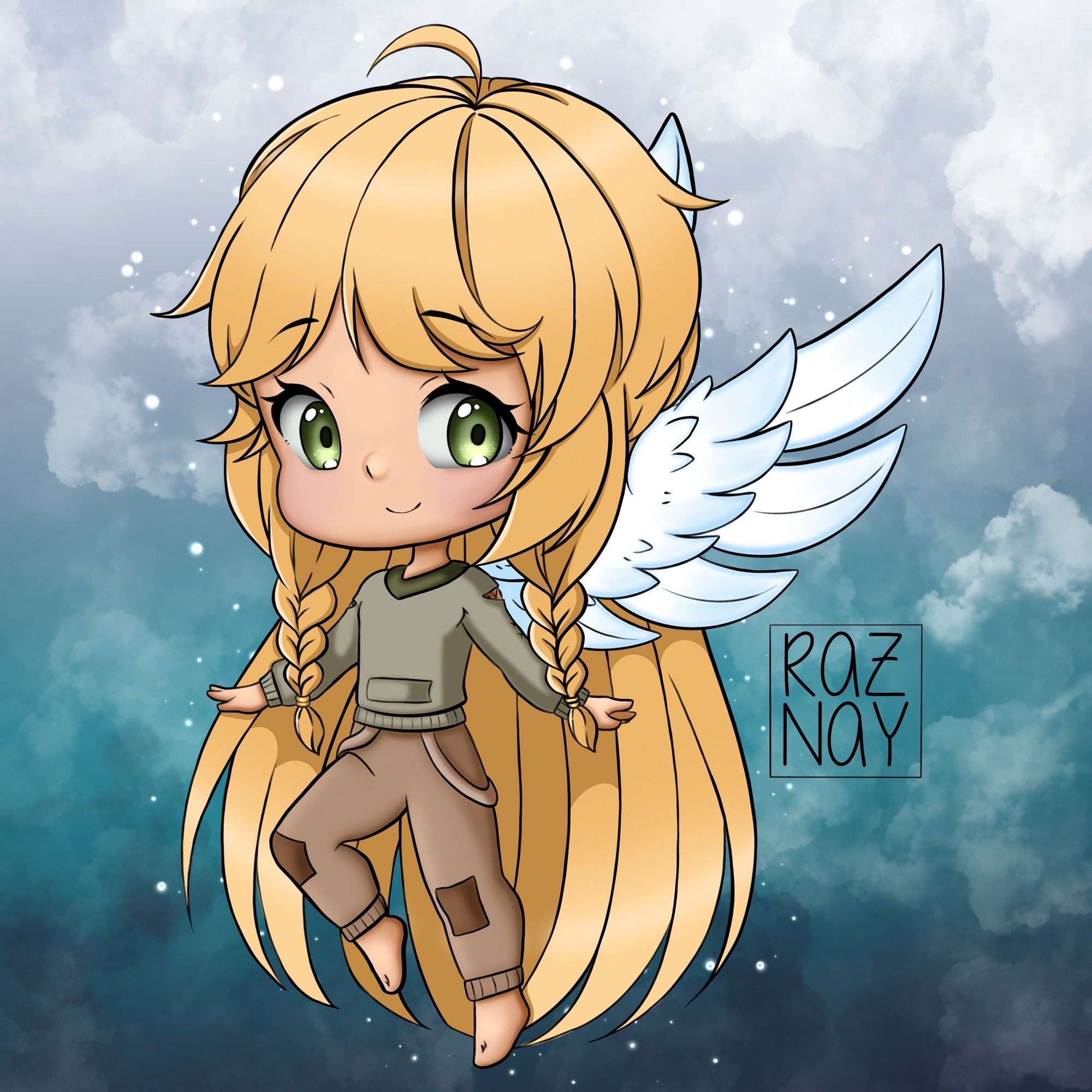 Chibi boy with long blonde hair and green eyes. He has lovely wings and is smiling 