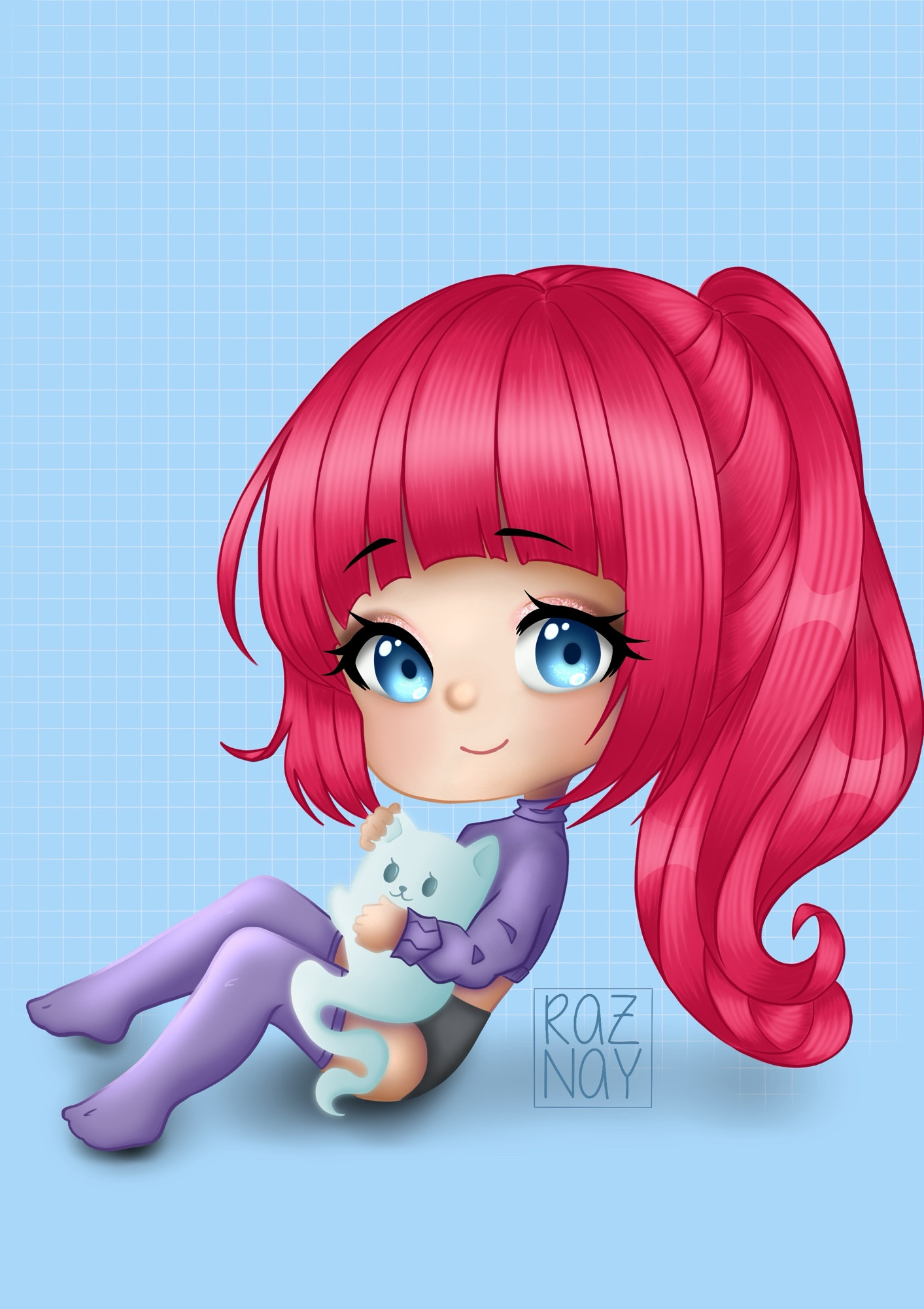 Chibi girl with pink hair and blue eyes sitting on the floor holding a Ghost Kitty. Both are smiling happily