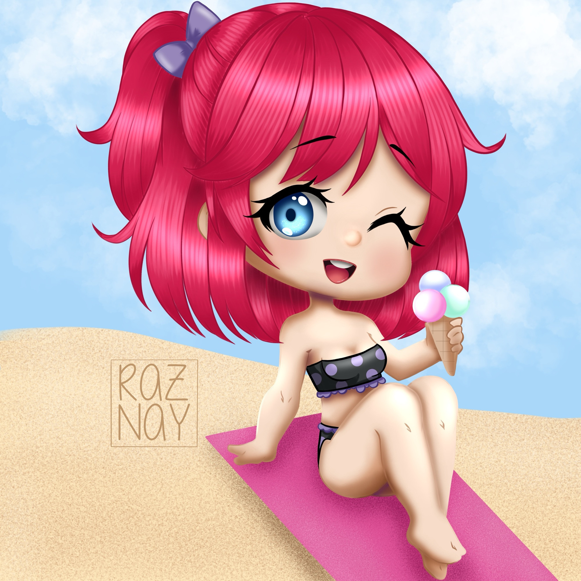 Chibi girl with pink hair and blue eyes sitting on a towel at the beach eating an icecream. She is smiling and winking 