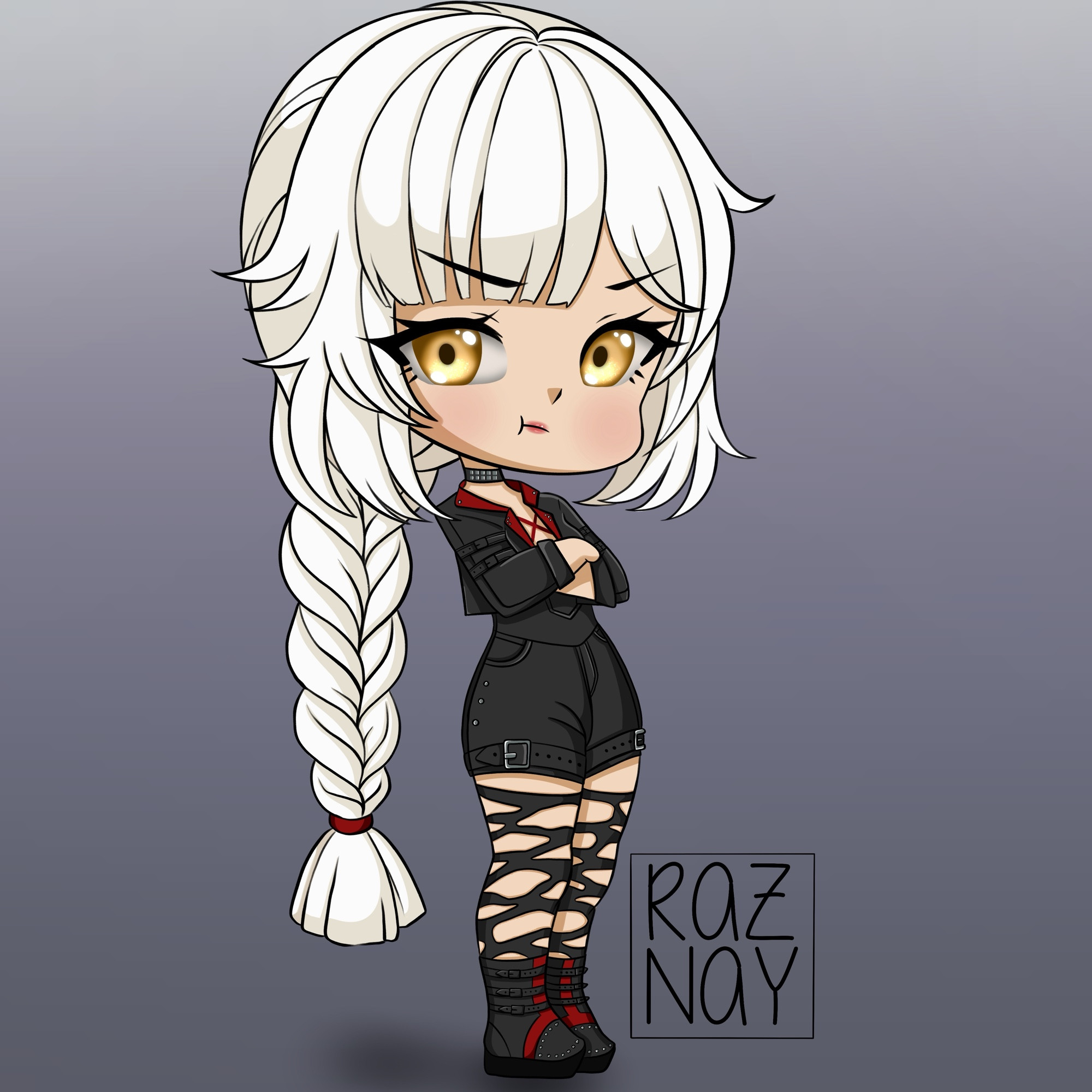 Chibi girl with long platinum blonde hair and gold eyes. She is standing with her arms crossed. She has a grumpy expression 