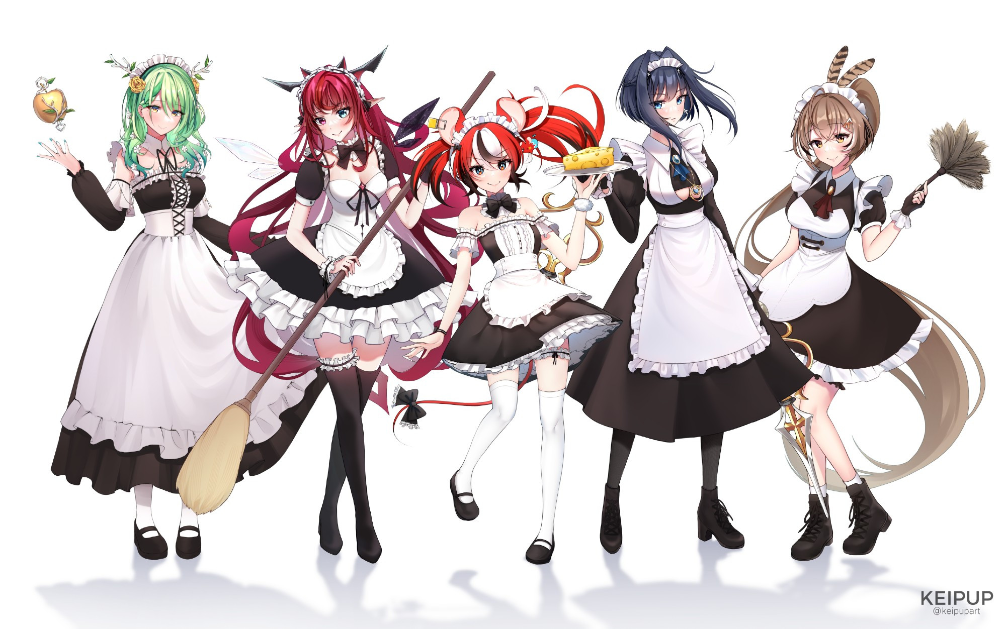 Ceres Fauna, Irys, Hakos Baelz, Ouro Kronii, and Nanashi Mumei, wearing maid outfits (HoloPromise Maid Art Series)