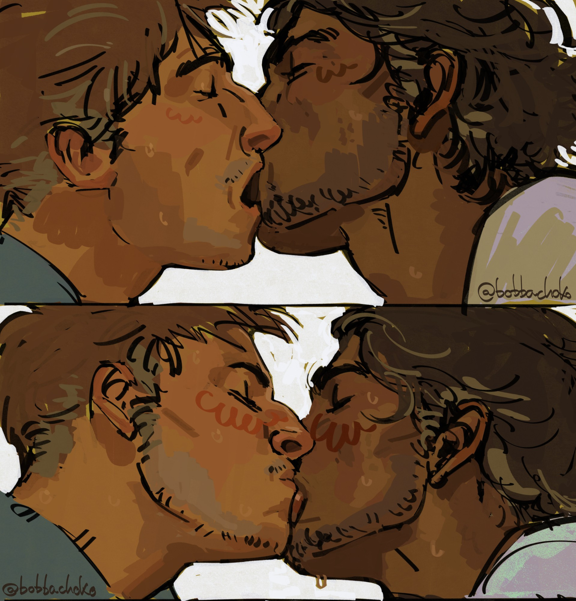 Two frame drawing of miguel O'Hara and Peter B Parker Kissing