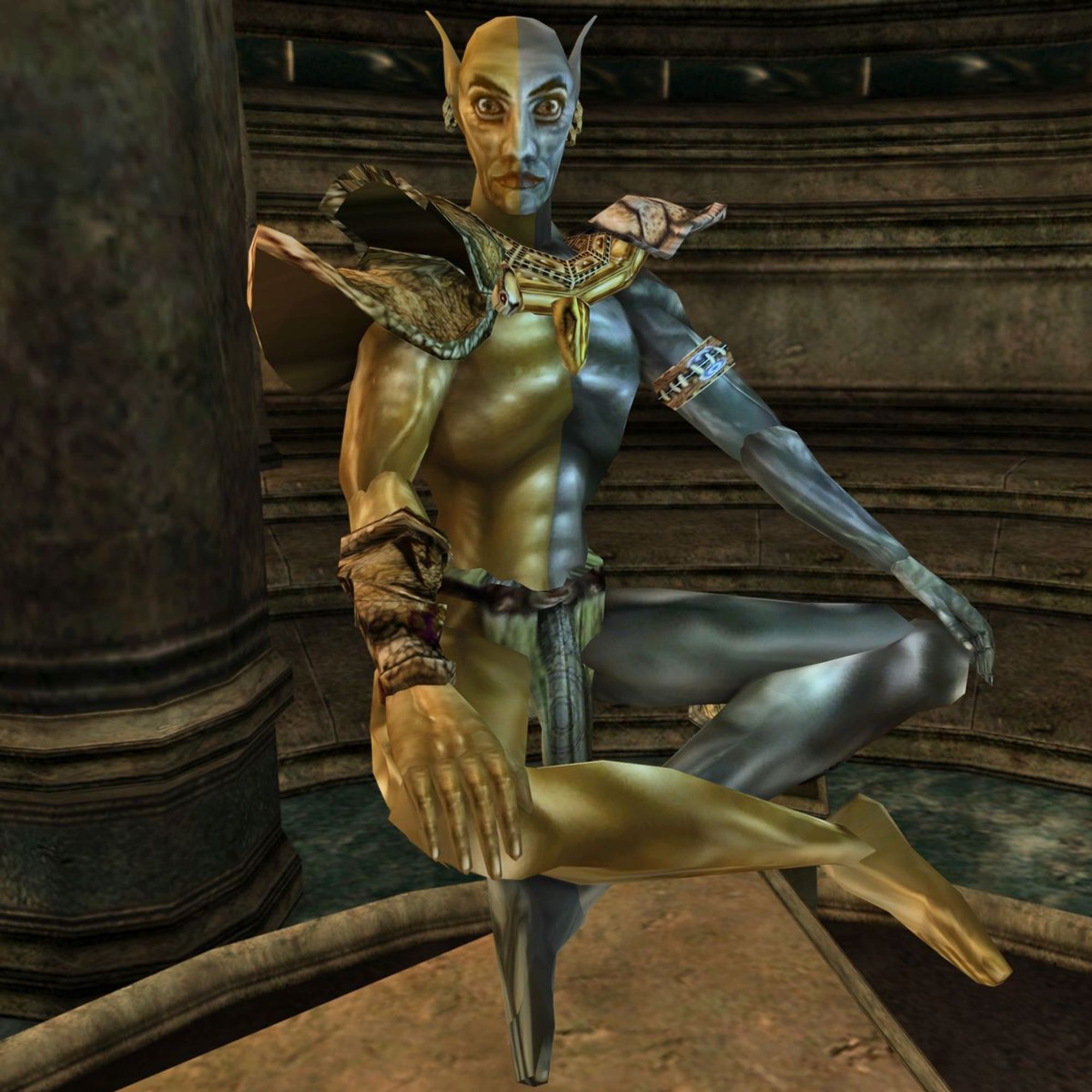 Vivec (with a C, not a K), from The Elder Scrolls 3 (or Morrowind), levitating and looking directly at the main character.