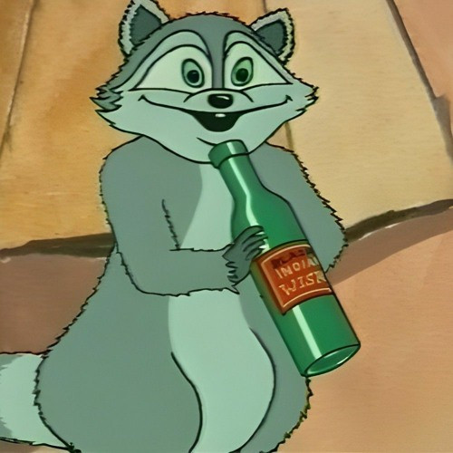 Wabuu, a raccoon from Dingo Pictures cartoon "Pocahontas" is holding a bottle of whisky and smiles after sniffing it.