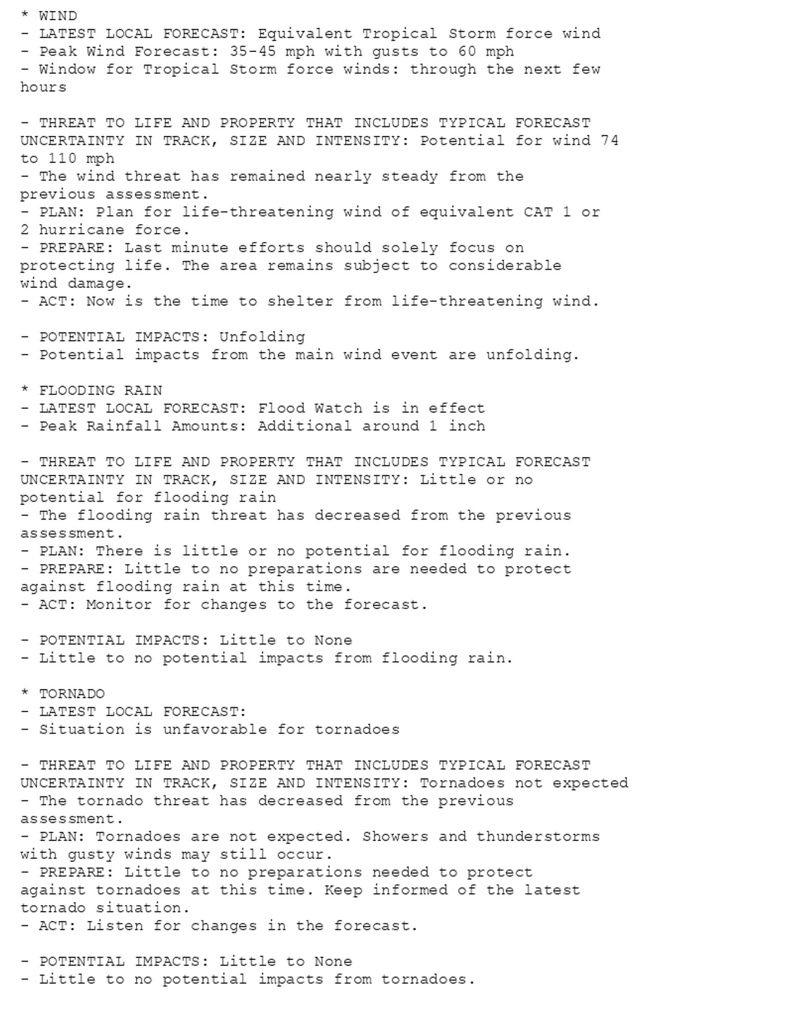 * WIND
- LATEST LOCAL FORECAST: Equivalent Tropical Storm force wind
- Peak Wind Forecast: 35-45 mph with gusts to 60 mph
- Window for Tropical Storm force winds: through the next few
hours

- THREAT TO LIFE AND PROPERTY THAT INCLUDES TYPICAL FORECAST
UNCERTAINTY IN TRACK, SIZE AND INTENSITY: Potential for wind 74
to 110 mph
- The wind threat has remained nearly steady from the
previous assessment.
- PLAN: Plan for life-threatening wind of equivalent CAT 1 or
2 hurricane force.
- PREPARE: Last minute efforts should solely focus on
protecting life. The area remains subject to considerable
wind damage.
- ACT: Now is the time to shelter from life-threatening wind.

- POTENTIAL IMPACTS: Unfolding
- Potential impacts from the main wind event are unfolding.

* FLOODING RAIN
- LATEST LOCAL FORECAST: Flood Watch is in effect
- Peak Rainfall Amounts: Additional around 1 inch

- THREAT TO LIFE AND PROPERTY THAT INCLUDES TYPICAL FORECAST
UNCERTAINTY IN TRACK, SIZE AND INTENSITY: Little or no
potential for flooding rain
- The flooding rain threat has decreased from the previous
assessment.
- PLAN: There is little or no potential for flooding rain.
- PREPARE: Little to no preparations are needed to protect
against flooding rain at this time.
- ACT: Monitor for changes to the forecast.

- POTENTIAL IMPACTS: Little to None
- Little to no potential impacts from flooding rain.

* TORNADO
- LATEST LOCAL FORECAST:
- Situation is unfavorable for tornadoes

- THREAT TO LIFE AND PROPERTY THAT INCLUDES TYPICAL FORECAST
UNCERTAINTY IN TRACK, SIZE AND INTENSITY: Tornadoes not expected
- The tornado threat has decreased from the previous
assessment.
- PLAN: Tornadoes are not expected. Showers and thunderstorms
with gusty winds may still occur.
- PREPARE: Little to no preparations needed to protect
against tornadoes at this time. Keep informed of the latest
tornado situation.
- ACT: Listen for changes in the forecast.

- POTENTIAL IMPACTS: Little to None
- Little to no potential impacts from tornadoes.