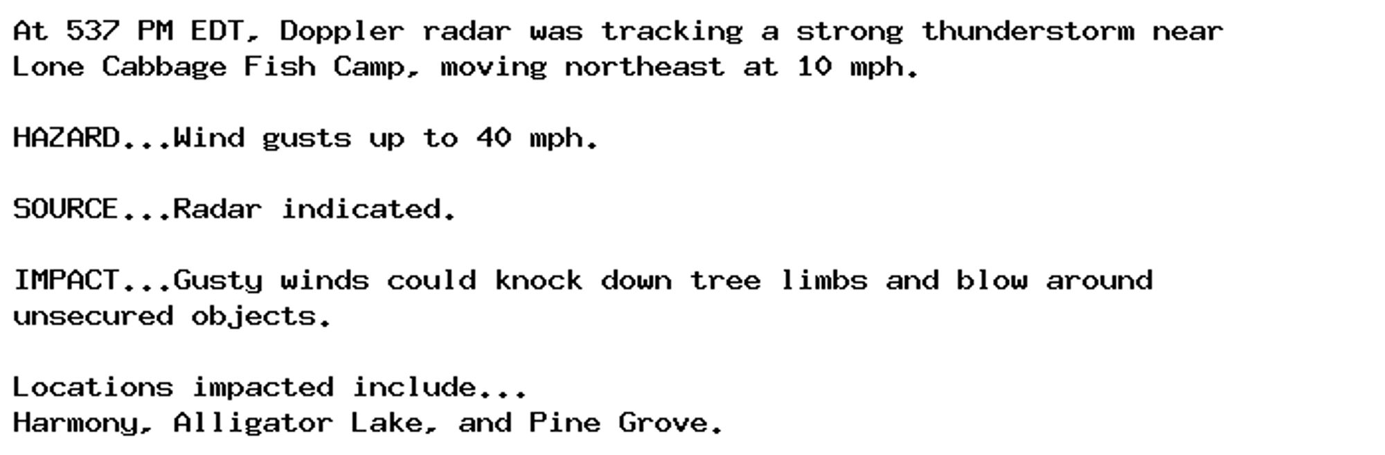 At 537 PM EDT, Doppler radar was tracking a strong thunderstorm near
Lone Cabbage Fish Camp, moving northeast at 10 mph.

HAZARD...Wind gusts up to 40 mph.

SOURCE...Radar indicated.

IMPACT...Gusty winds could knock down tree limbs and blow around
unsecured objects.

Locations impacted include...
Harmony, Alligator Lake, and Pine Grove.