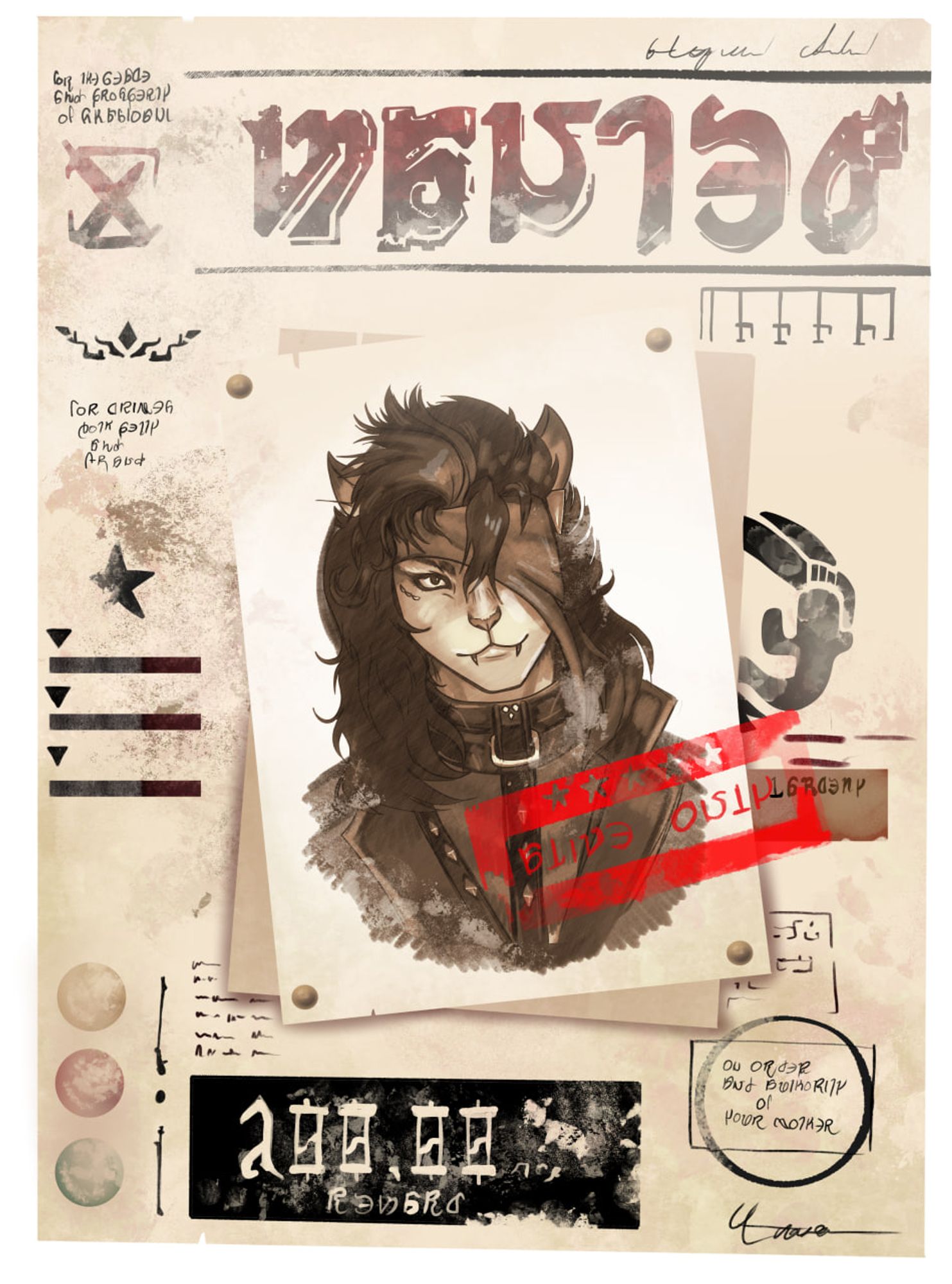 wanted poster in eorzean of my ffxiv character, currently a hrothgar (female cat race). In eorzean script it says "Wanted", "Alive Only" and "On Order and Authority of your Mother"