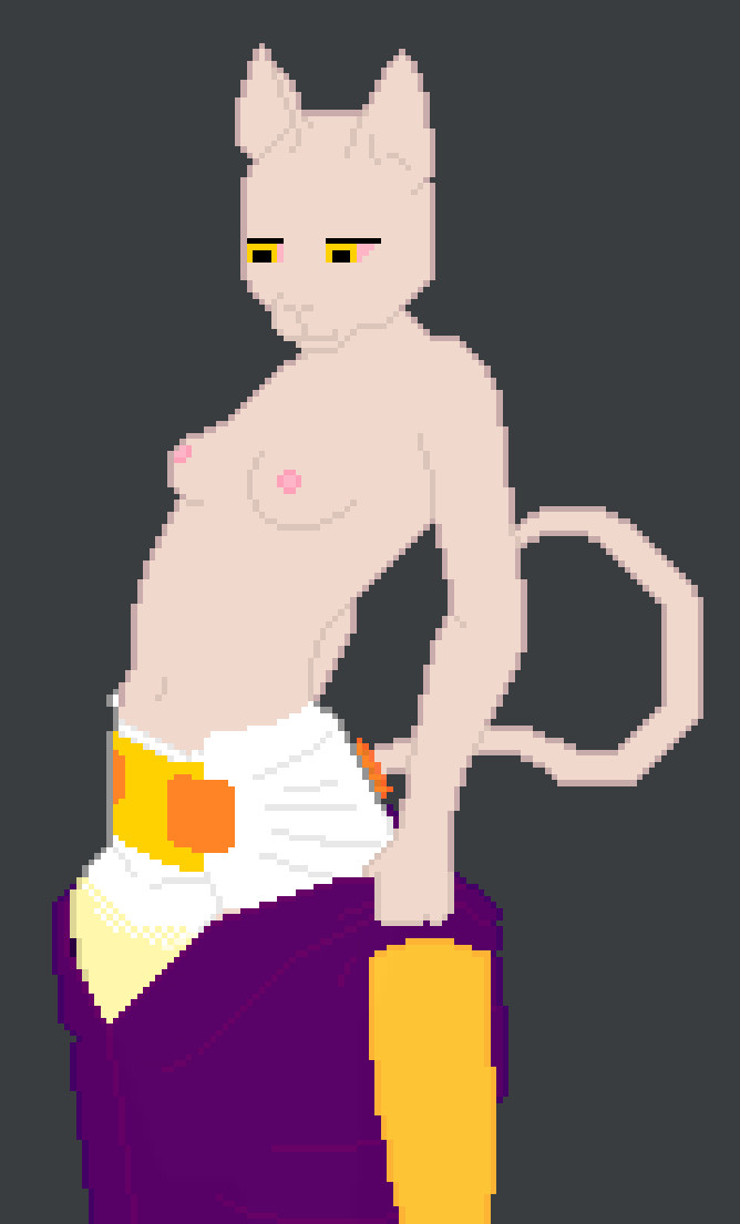 Pixel art. A stoned, half naked hairless cat girl lowering her onsie and revealing her very soaked diaper.