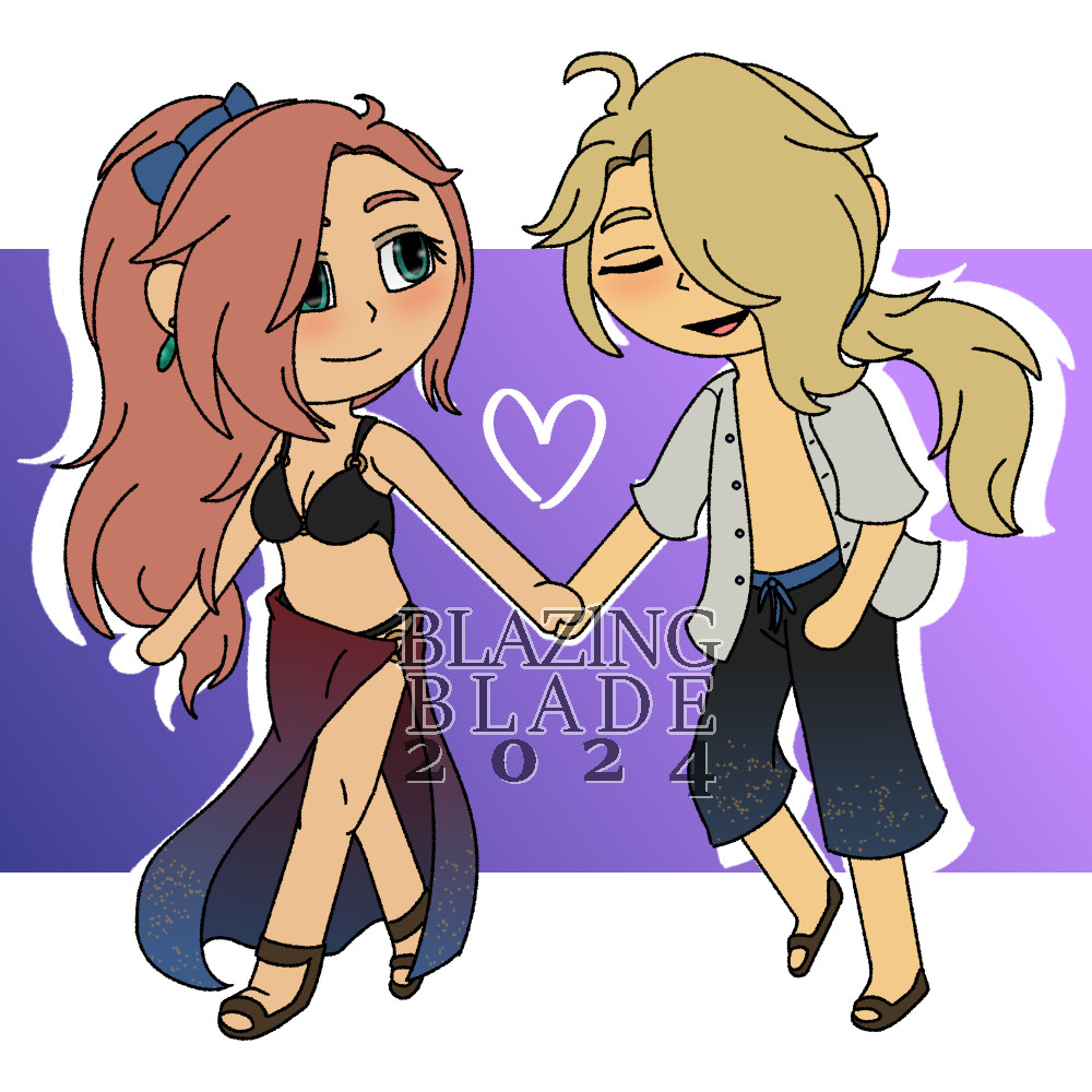 Summer themed chibis of Elletrix and Leon from Octopath Traveler: Champions of the Continent