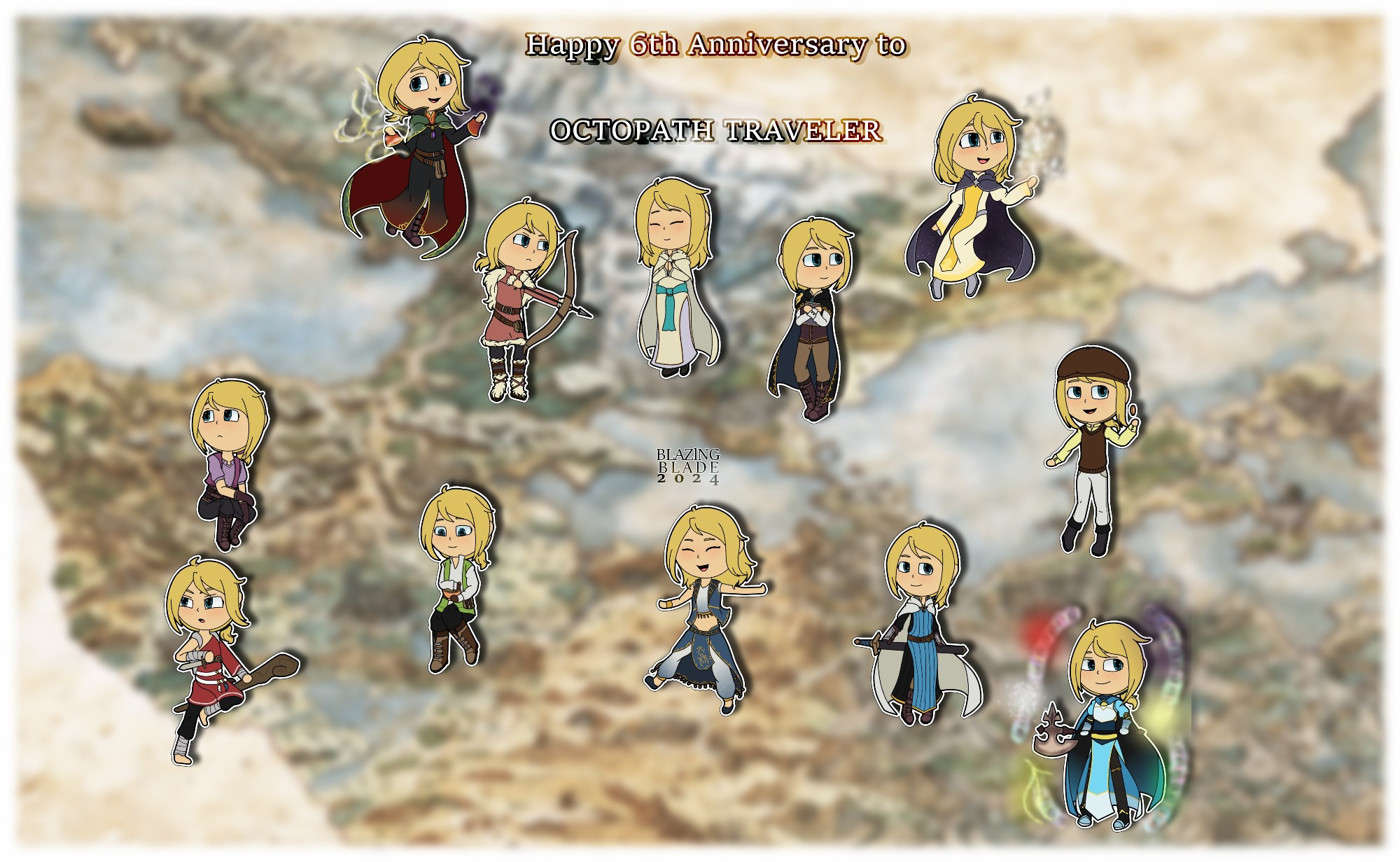 Various chibis of Kit Crossford from Octopath Traveler scattered over the map of Orsterra. He is wearing different job designs for each of the twelve jobs.