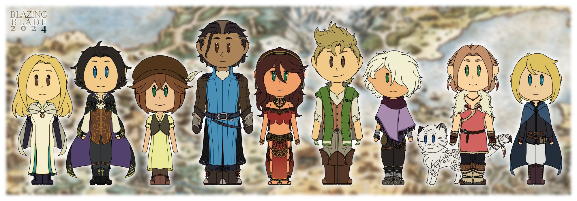 The Main 8 and Kit Crossford from Octopath Traveler lined up together. In order: Ophilia, Cyrus, Tressa, Olberic, Primrose, Alfyn, Therion, Linde, H'aanit, and Kit.