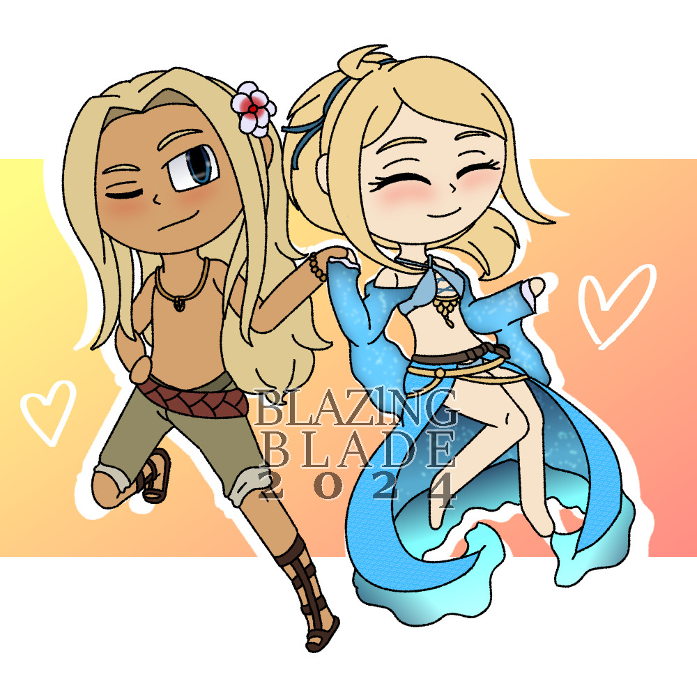 Summer themed chibis of Tiziano and Sofia from Octopath Traveler: Champions of the Continent