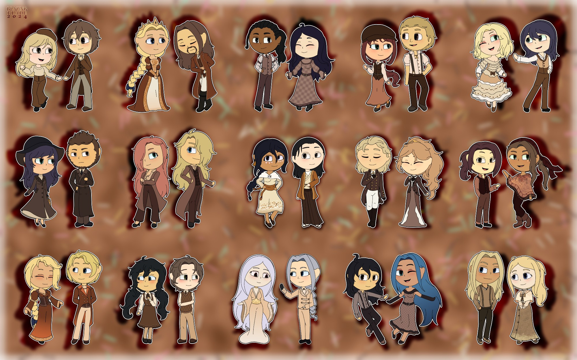 Various characters from Octopath Traveler: Champions of the Continent. They are standing with another character they are shipped with.

The pairings included:
1 - Noelle and Miles
2 - Ulrica and Rembrandt
3 - Bargello and Shelby
4 - Dorothea and Barrad
5 - Paula and Varet
6 - Mabel and Efrain
7 - Elletrix and Leon
8 - L'eeto and Kouren
9 - Lionel and Merrit
10 - Narr and W'ludai
11 - Erika and Mahrez
12 - Brigitte and Levan
13 - Ceraphina and Simeon
14 - Wingate and Iris
15 - Tiziano and Sofia

Each is wearing Valentines or White Day themed outfit.