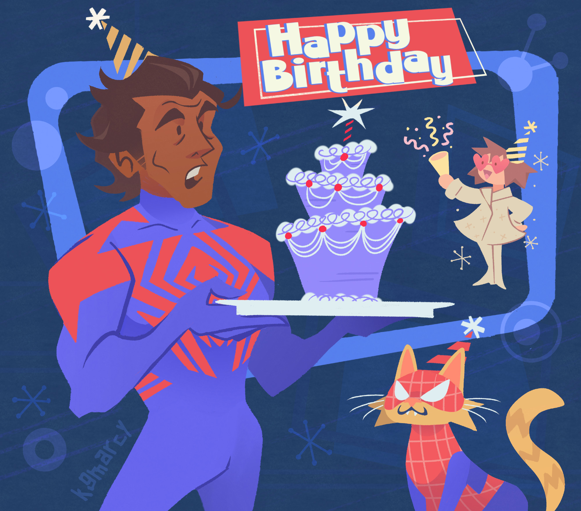 Fanart of Miguel O'Hara in the UPA style. He is holding a three tower blue birthday cake. A small projection of Lyla is blowing a party popper. Spidercat is located in the bottom corner. Everyone is wearing birthday hats. There's text that reads Happy Birthday. The background is dark blue with geometric shapes.