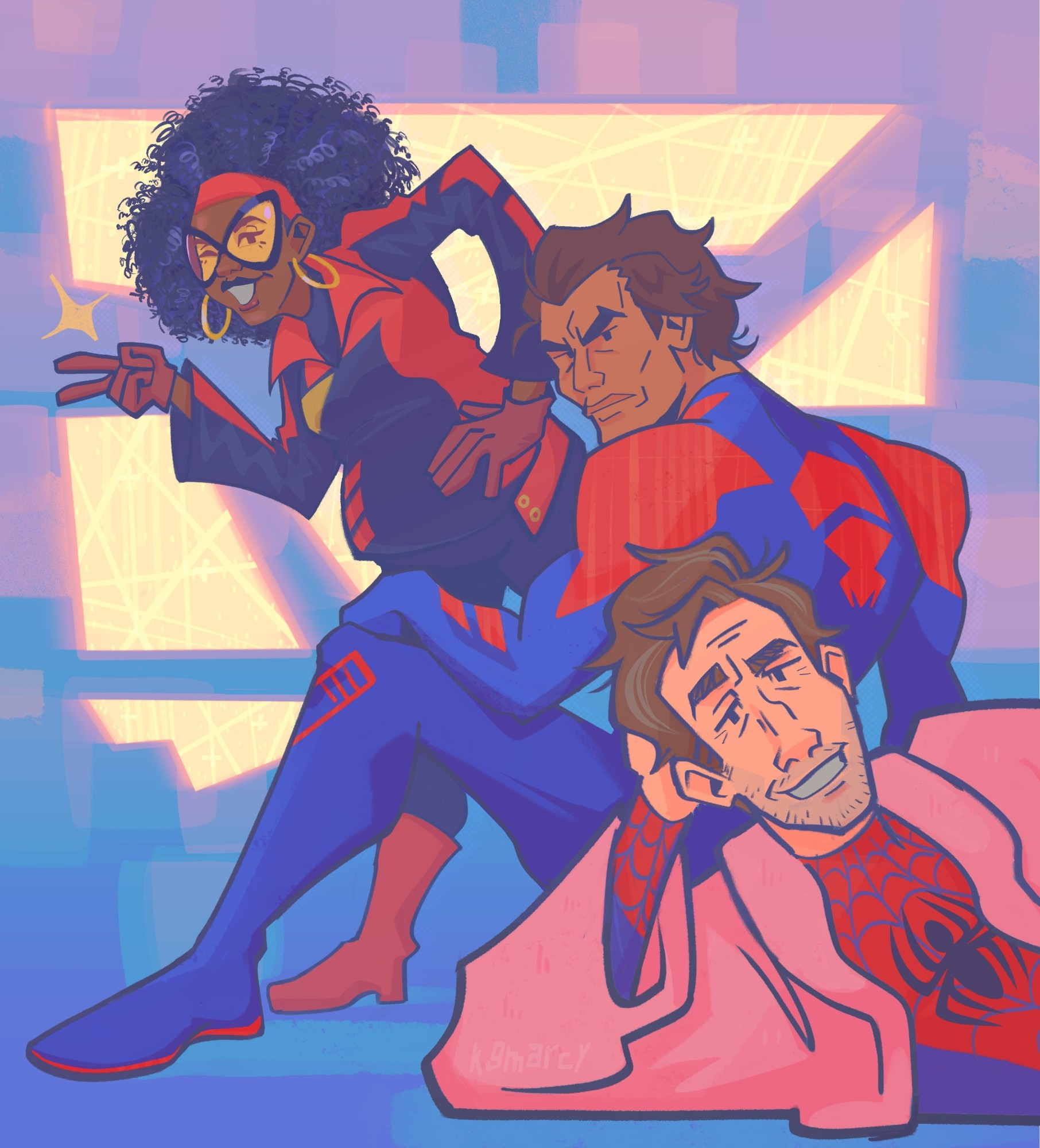 Fanart of Jess, Miguel O'Hara, & Peter B. Parker from Across the Spiderverse. They are lined up, facing left and looking at the camera. Jess is furthest back; she stands with one hand on her hip and leans forward a little with a smile, holding up a peace sign. . Miguel is seated with his back facing the camera, sitting on one leg with the other propped up[ . His expression is stern, and has one hand leaning on his knee. Peter B is closest to the camera and is lying on his side. His head is propped up by his arm and he faces the camera with a big grin. The Background is a bright purple, with a smattering of Miguel's orange computer screens framing the top of the image. The whole piece is bright and colorful.*