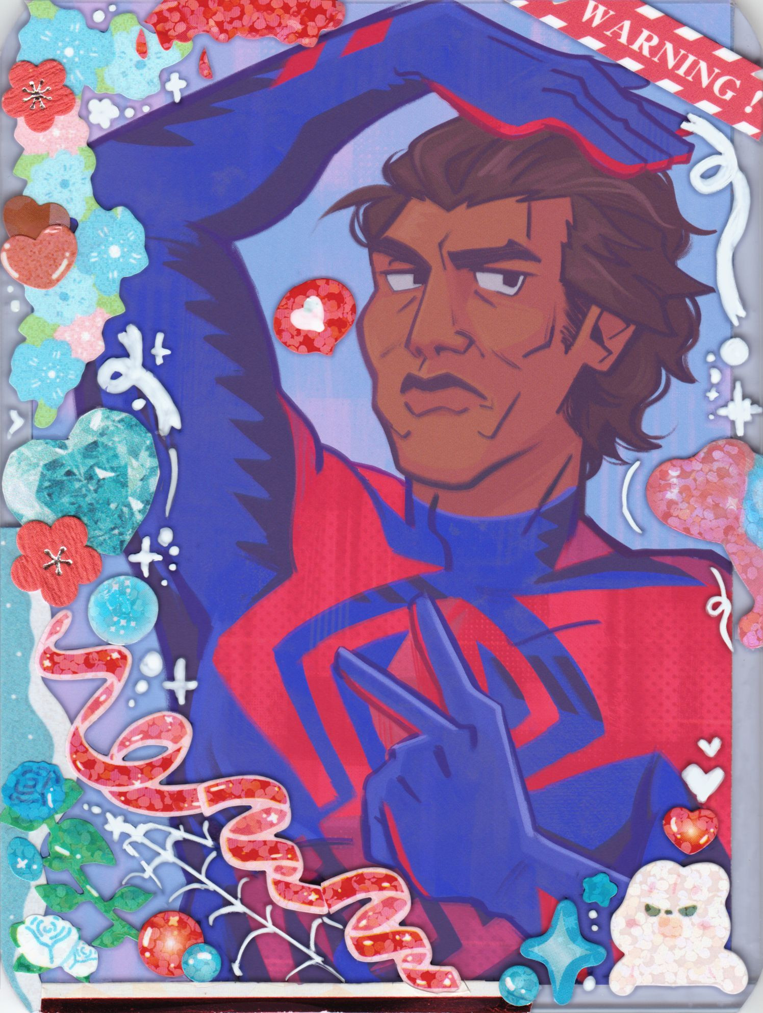 A digital drawing of Miguel O'Hara and Lyla from ASTV. It is printed and scanned in seperate decorated plastic toploaders. They are both forming a heart with their arms. The toploader themselves are decorated with various blue/red & pink/white stickers; flowers, ribbons, tech UI, and sparkles.