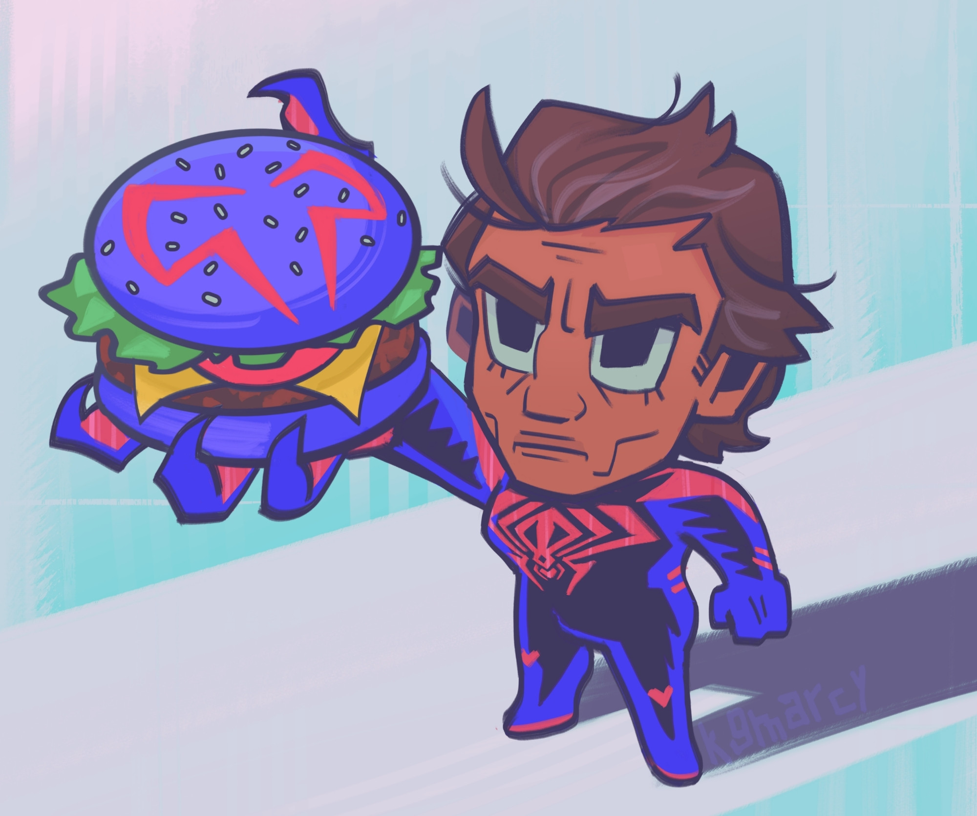 Digital drawing of Miguel from Across the Spiderverse. He is drawn as a chibi with big eyes and a stern expression. He is holding a burger to the camera, which looks large due to forced perspective. The burger is blue with red markings, meant to resemble his spider-suit mask. A long shadow stretches on the floor below him and the background is a bright teal.