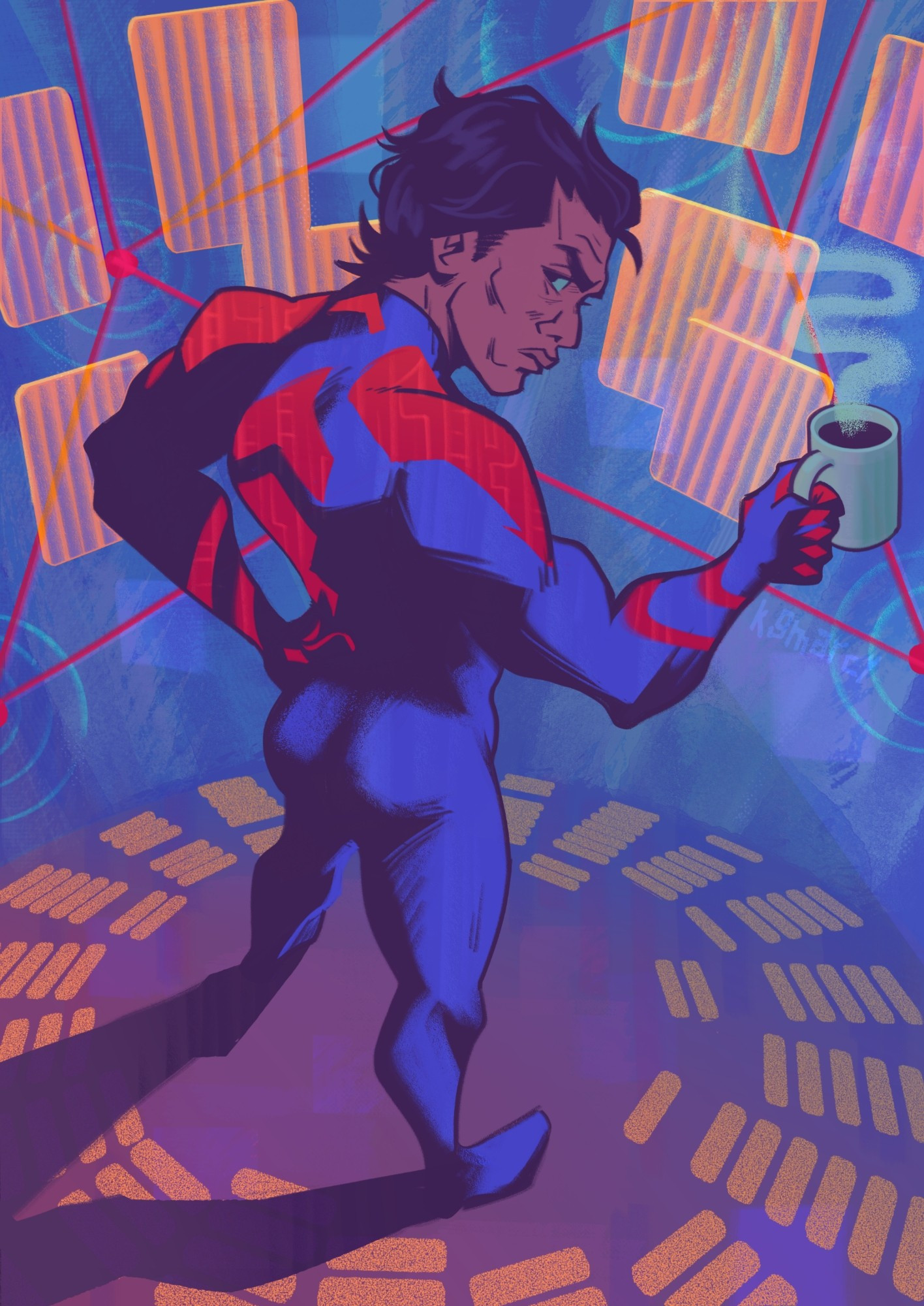 Digital fanart of Miguel O'Hara. It is drawn from a top down perspective. He's standing with his back facing the viewer. His head is turned to the right, side eyeing the viewer with a serious expression. He's holding a mug of coffee. There are several orange holographic screens behind him, with red webs across them. The background consists of blue hues. The ground is violet with an orange circular pattern. A shadow is being cast behind him.