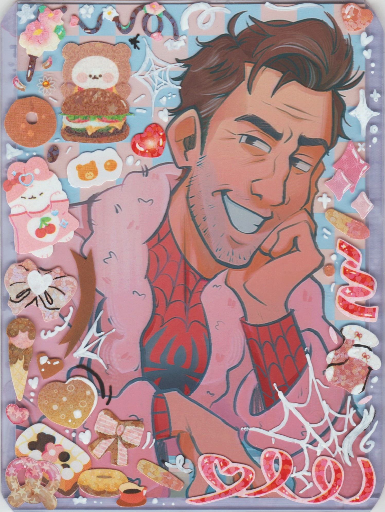 A digital drawing of Peter B that has been printed and scanned in a decorated plastic toploader. Peter B is wearing his pink bathrobe and is smiling at the viewer. His head resting in his hand. The background is a baby pink and blue checkerboard pattern. The toploader itself is highly decorated and is covered in cute stickers of varying designs: burgers, bunnies, flowers, pastries, sparkles, and even a few single fries. The colors of the stickers range from browns to red and pinks.