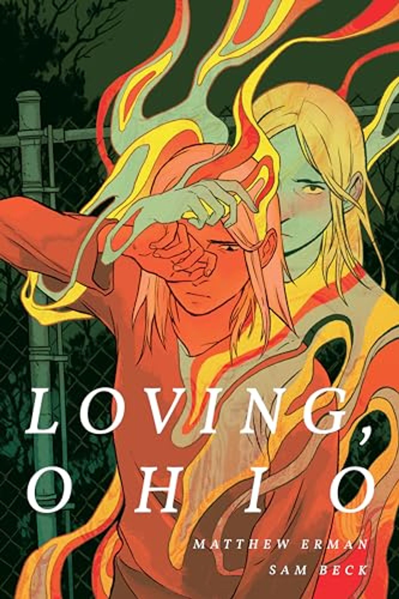 Book cover of Loving Ohio. There's a character painted in shades of oranges and yellows, some greens, almost like they're made of fire and some, against a dark green background.