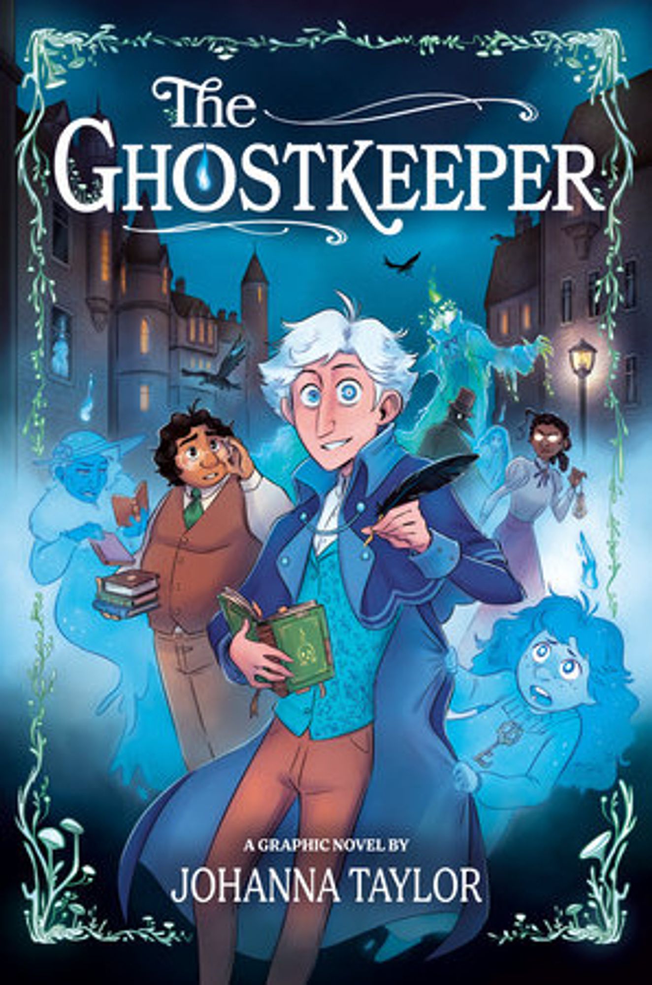 Book cover of The Ghostkeeper. It's illustrated, mostly in tones of blue, and shows several characters, including the main character, who's holding a quill and a notebook. The background shows a Victorian city and some ghosts.