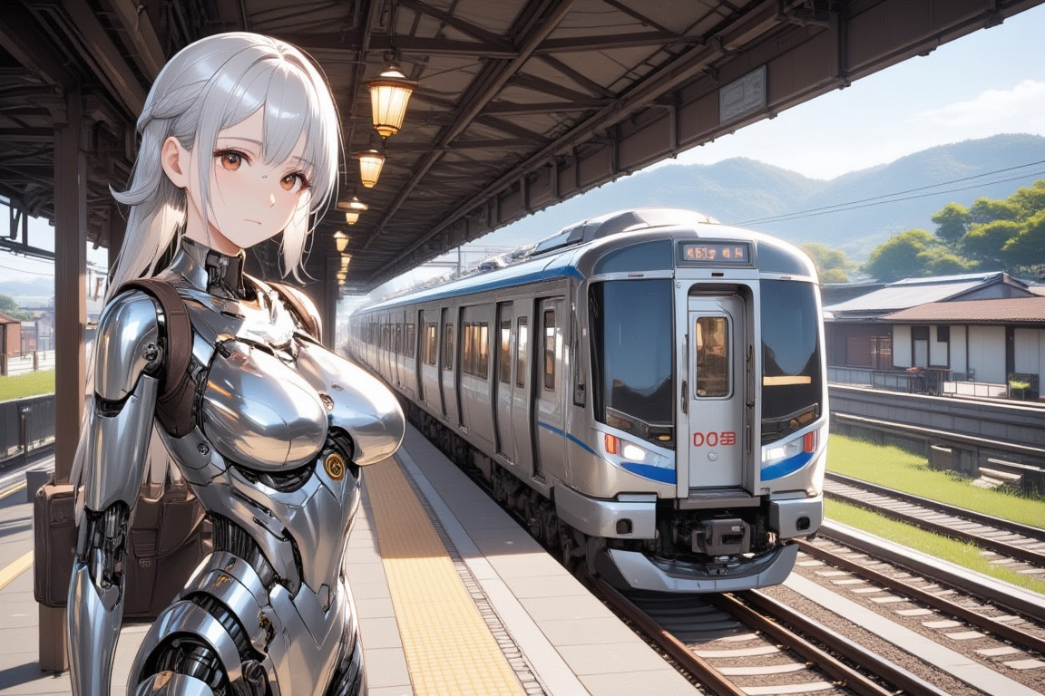 Prompt:  an android girl is standing on the platform in countryside station. Platform height is the same height as train doors. A local train is stopping.sunny.

Trains: Japanese National Railways.stainless-steel train on indigo stripes,2 headlights,a through door at the front of the train. The width of the track is 1067 mm. The width of the train body is 2900mm.

android girl:shoulder-length ponytail metallic silver hair with diagonal bangs,glossy brown eyes,mechanical joints,mirror-polished metallic silver body with reflection of surrounding objects,
Style: anime face,photorealistic body,highly detailed,clean lines,. 
Background: station,
Accessory: travel bag on her shoulder.,
Overall impression: stylish fusion of traditional Asian slender aesthetics.,

\mechako\,noc-detail,
Negative prompt: verybadimagenegative_v1.3,
Steps: 25,
Sampler: Euler,
KSampler: euler,
Schedule: normal,
CFG scale: 1,
Guidance: 4,
Seed: 2276569595,
Size: 1152x768,
VAE: Automatic,
Denoising strength: 0,
Clip skip: 2,
Model: Raemu-flux1-fp8-baked,
LoRA: ba052f5f-1611-4abf-b3ba-e362effa72da.TA_trained:0.80,nocdetail3-000003:0.40