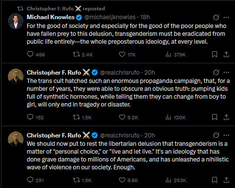 First tweet is by Michael Knowles (@michaeljknowles), reposted by Christopher F. Rufo. It reads: “For the good of society and especially for the good of the poor people who have fallen prey to this delusion, transgenderism must be eradicated from public life entirely—the whole preposterous ideology, at every level.” The tweet has 816 comments, 2.4K retweets, 17K likes, and 379K views.

Second tweet is by Christopher F. Rufo (@realchrisrufo), 20 hours ago: “The trans cult hatched such an enormous propaganda campaign, that, for a number of years, they were able to obscure an obvious truth: pumping kids full of synthetic hormones, while telling them they can change from boy to girl, will only end in tragedy or disaster.” The tweet has 878 comments, 1.5K retweets, 9.2K likes, and 120K views.

Third tweet is also by Christopher F. Rufo, 20 hours ago: “We should now put to rest the libertarian delusion that transgenderism is a matter of ‘personal choice,’ or ‘live and let live.’ It’s an ideology that has done grave damage to millions of Americans, and has unleashed a nihilistic wave of violence on our society. Enough.” The tweet has 921 comments, 1.5K retweets, 9.6K likes, and 293K views.