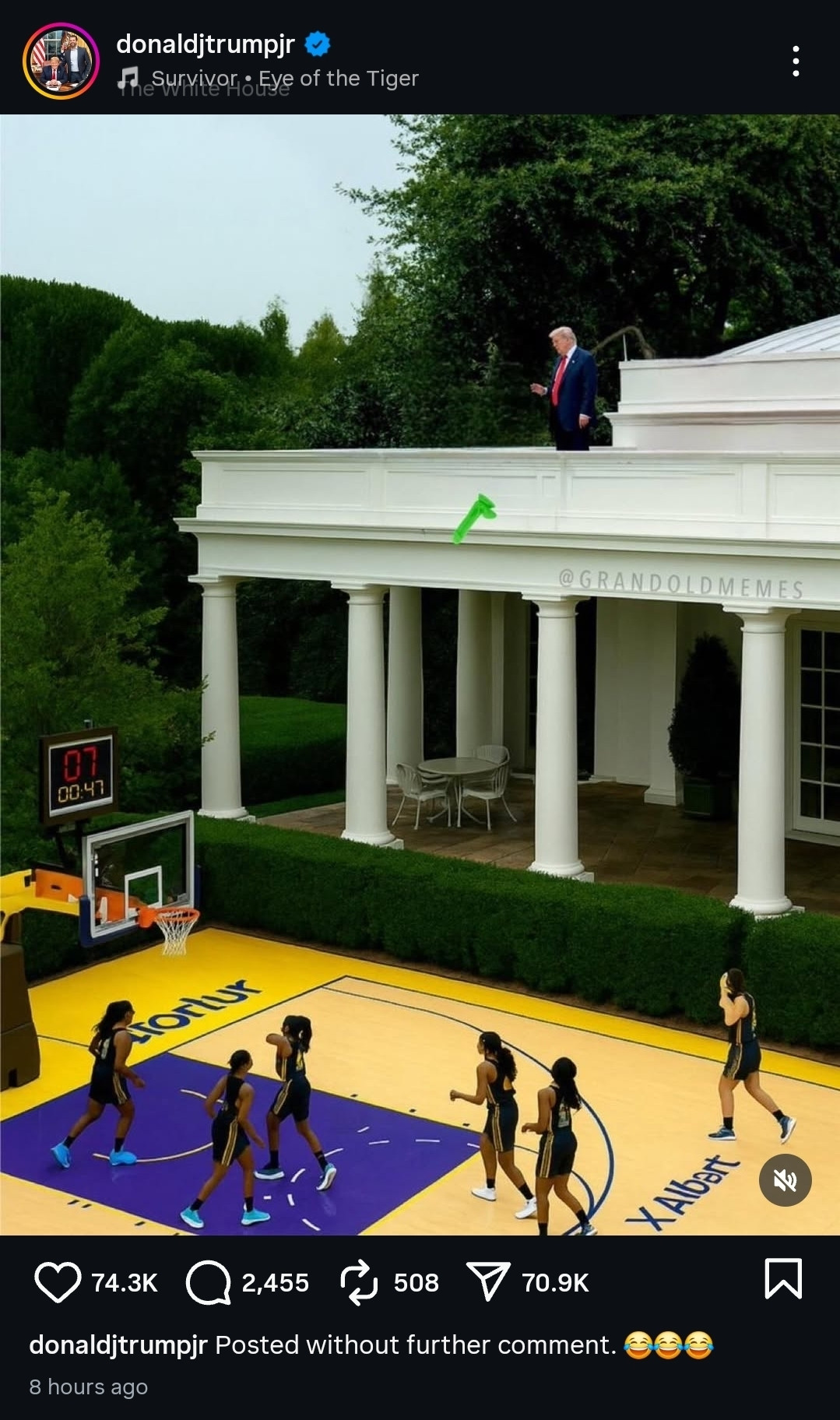 Instagram post by Donald Trump Jr. showing a digitally altered image of Donald Trump standing on the White House roof, looking down at a basketball court below. On the court, several women’s basketball players are in action, wearing dark uniforms with yellow trim. The basketball hoop, scoreboard, and court markings are visible, with the scoreboard showing “07” and “00:47” remaining. The image is watermarked with “@GRANDOLDMEMES” and “X/Albert.” Caption reads: “Posted without further comment.” followed by laughing emojis.

