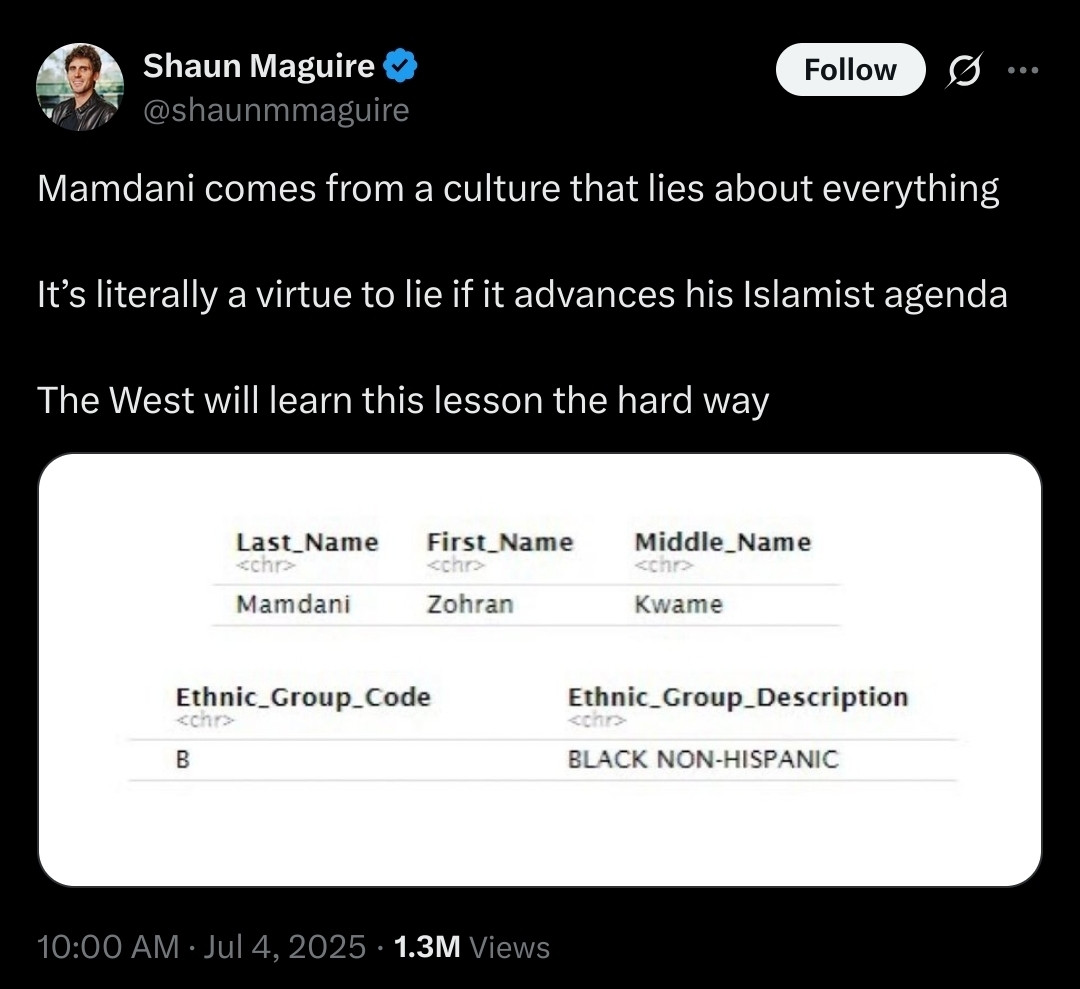 A tweet by Shaun Maguire (@shaunmmaguire) reads: “Mamdani comes from a culture that lies about everything. It’s literally a virtue to lie if it advances his Islamist agenda. The West will learn this lesson the hard way.” Below the tweet is a screenshot of a table displaying the name “Mamdani, Zohran Kwame” and an “Ethnic_Group_Description” field labeled “BLACK NON-HISPANIC.” The tweet implies that Mamdani falsely identified his ethnicity, suggesting dishonesty aligned with an alleged Islamist agenda. The tweet was posted at 10:00 AM on July 4, 2025, and has 1.3 million views.

