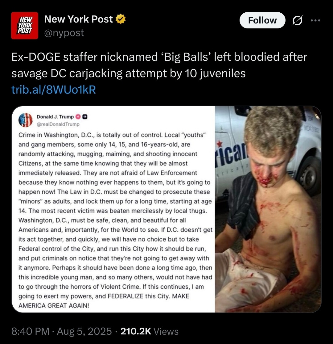 A tweet from the New York Post features a sensational headline and a graphic image. The tweet reads: "Ex-DOGE staffer nicknamed ‘Big Balls’ left bloodied after savage DC carjacking attempt by 10 juveniles," and includes a shortened link. Below the tweet is a screenshot of a Truth Social post by Donald J. Trump, criticizing crime in Washington, D.C., and calling for tougher laws on juveniles. Next to the text is a photo of a shirtless young man with a bloodied face and torso, sitting on the ground next to a vehicle with "American" partially visible on the side. The time stamp reads "8:40 PM · Aug 5, 2025 · 210.2K Views."

