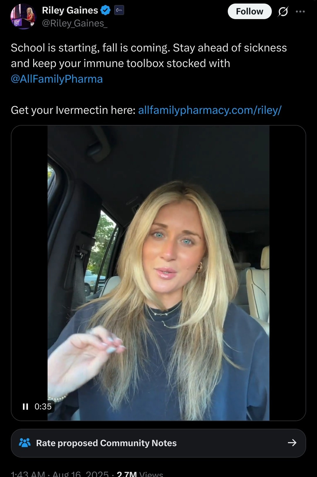 Tweet by Riley Gaines featuring a video of herself sitting inside a car, speaking directly to the camera. The caption says: "School is starting, fall is coming. Stay ahead of sickness and keep your immune toolbox stocked with @AllFamilyPharma. Get your Ivermectin here: allfamilypharmacy.com/riley/". The video shows her with long blonde hair, wearing a dark top, gesturing with her hand while talking.

