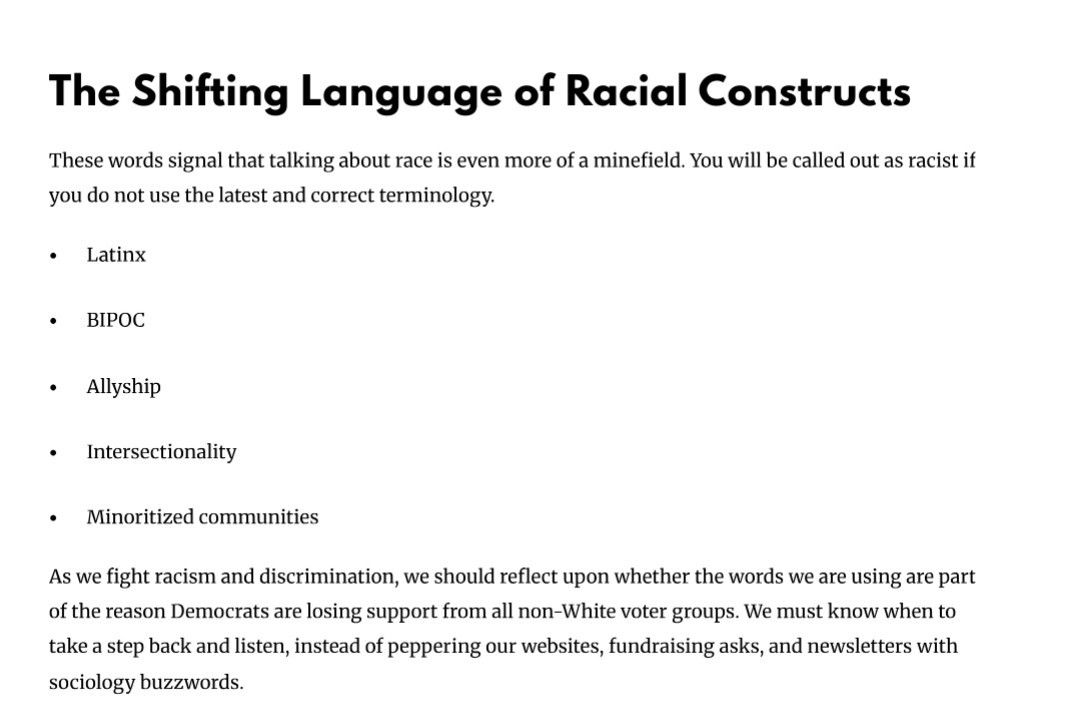 The second screenshot is titled "The Shifting Language of Racial Constructs" and explains that using the wrong terminology risks being called racist. It lists:

Latinx

BIPOC

Allyship

Intersectionality

Minoritized communities


The text below says Democrats may be losing support among non-White voters by overusing such terms, urging reflection and listening instead of relying on “sociology buzzwords.”