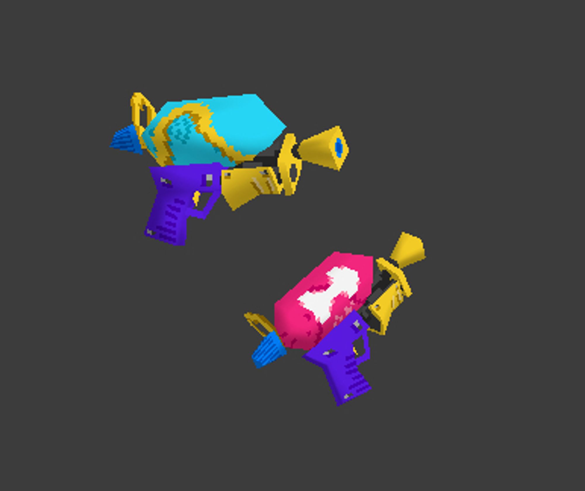 low-poly versions that i made of the splattershot and tentatek splattershot from splatoon 3