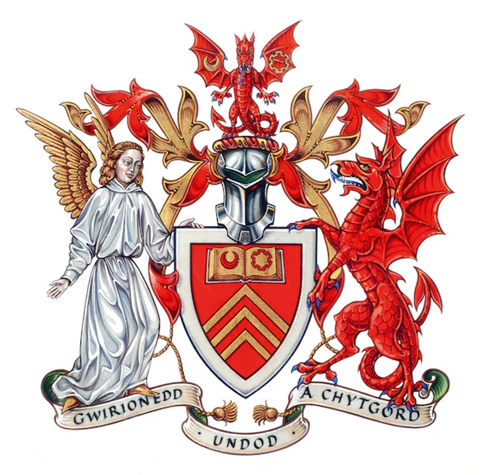 Cardiff University coat of arms, including one angel and two dragons.