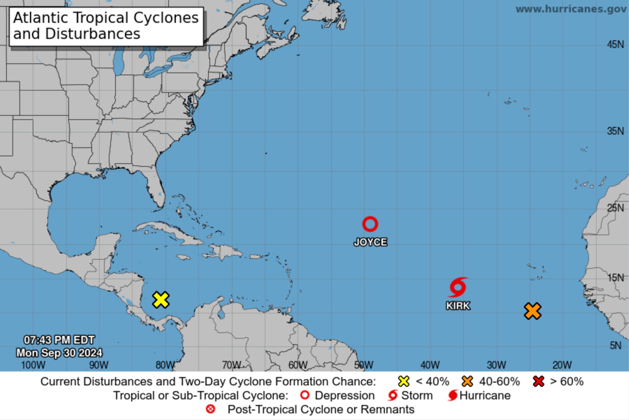 Graphic from nhc.noaa.gov showing a depression, a tropical storm, and two potential future storms in the tropics of the Atlantic Ocean