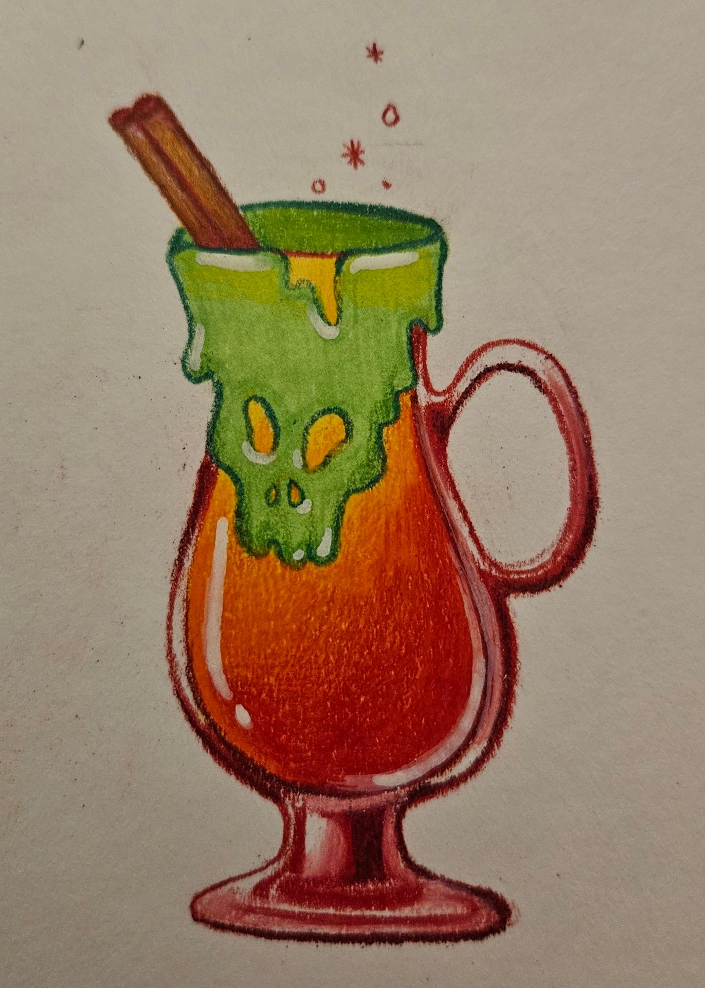 Colored pencil drawing of a red and orange cider drink in a hurricane glass, with a cinnamon stick. Green goo drips down the edge of the glass in the shape of a skull.