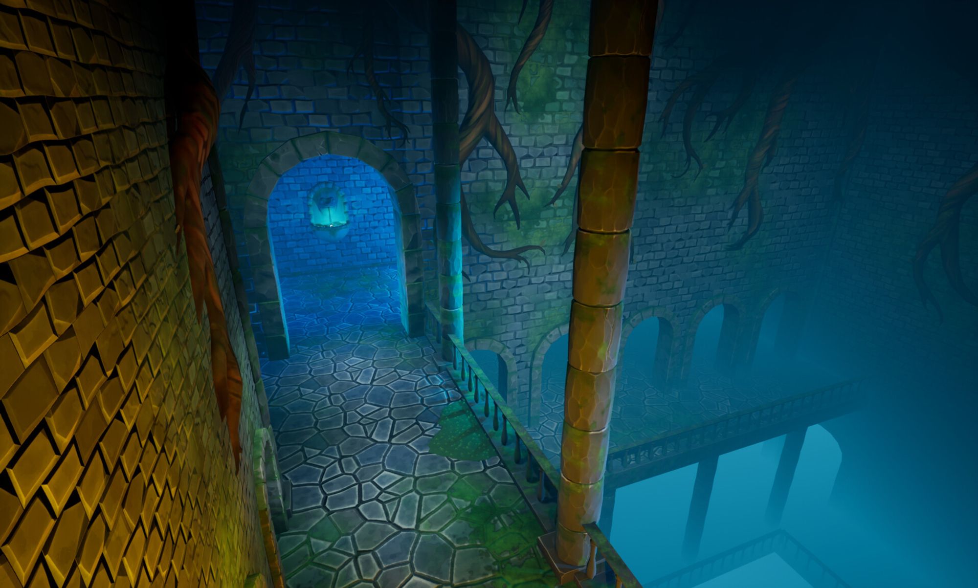 Unreal Engine 4 3D art of a dungeon scene, with stone brick walls and irregular stone tile floors. Surfaces are covered in green moss, and there are large twisting roots on the walls.