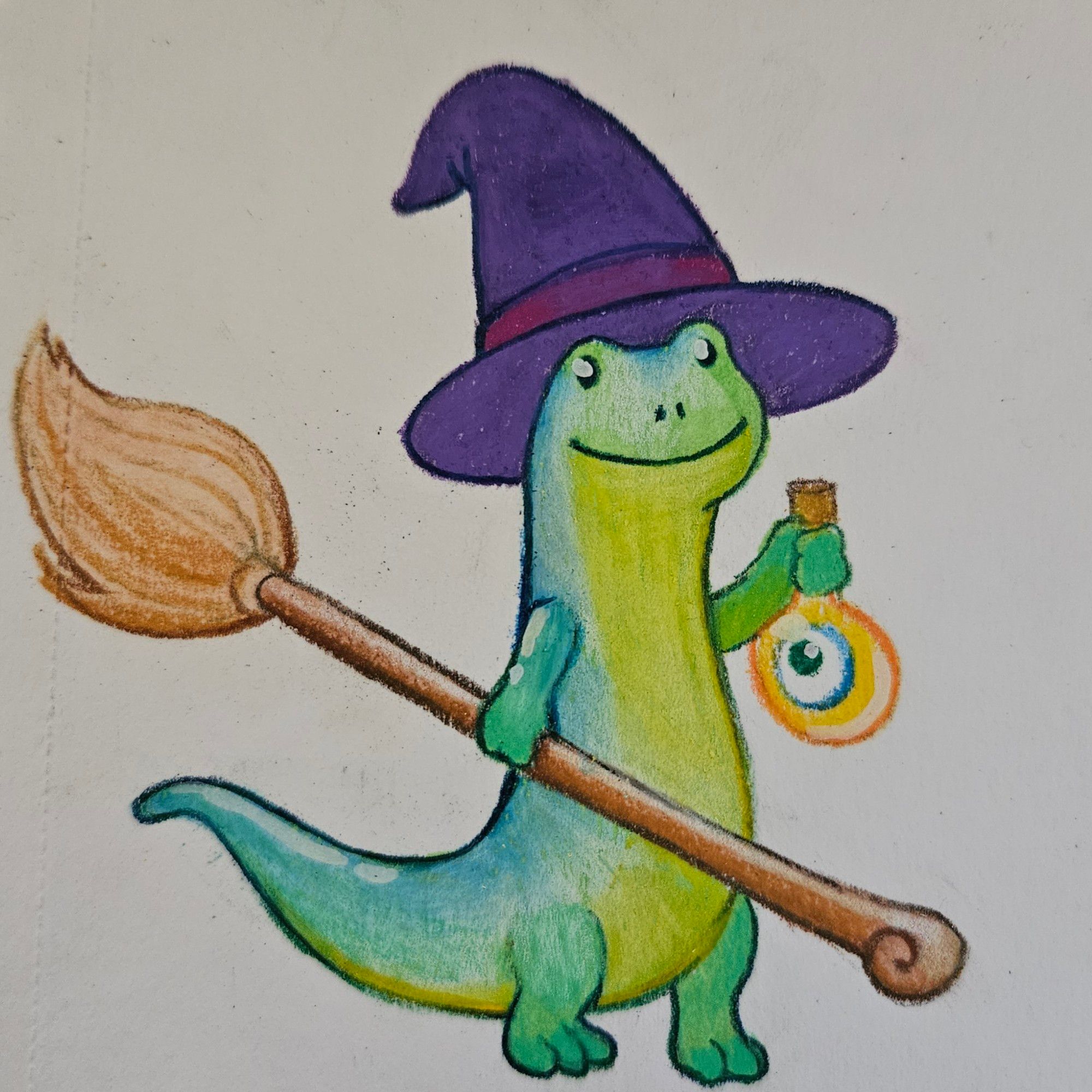 Colored pencil drawing of a blue and yellow newt. It wears a purple witch's hat and stands on two legs. It holds a broom in one hand, and a potion bottle with an eyeball in it in the other. 